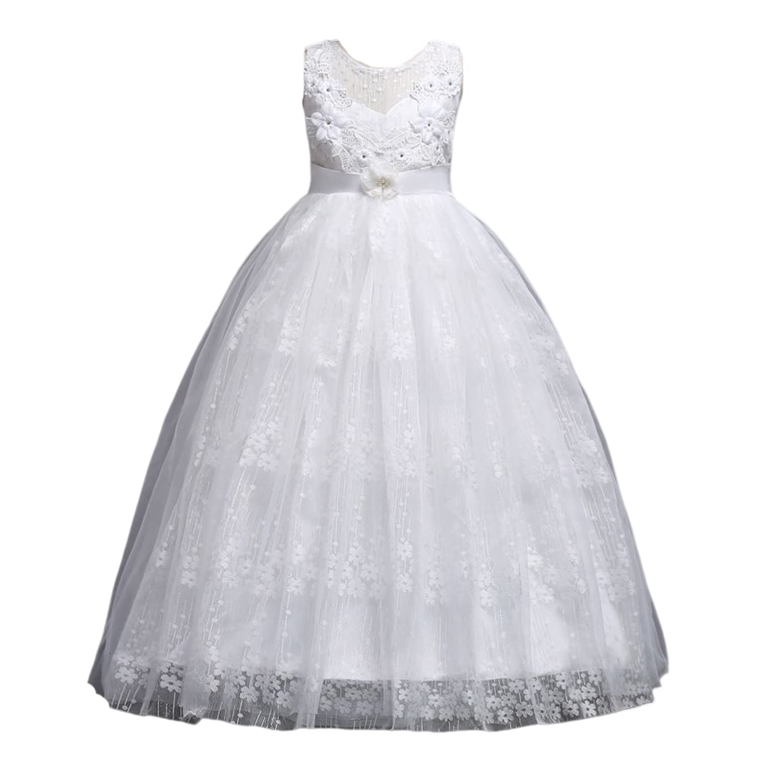 【送料無料】[VIISEN] 子供 ピアノ 発表会 ドレス 子ども ドレス 袖なし 女の子 キッズ ロングドレス ジュニア 花 レース ワンピース 上品 フォーマル ドレス 演奏会 結婚式 パーディー 多色 120-170CM 色：1/ホワイト、サイズ：160