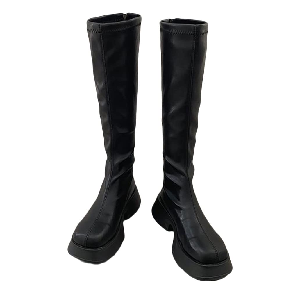 【送料無料】[Guoyupika] ロングブーツ レディース 厚底 黒 白 トラックソール スクエアトゥ ロング丈 ..