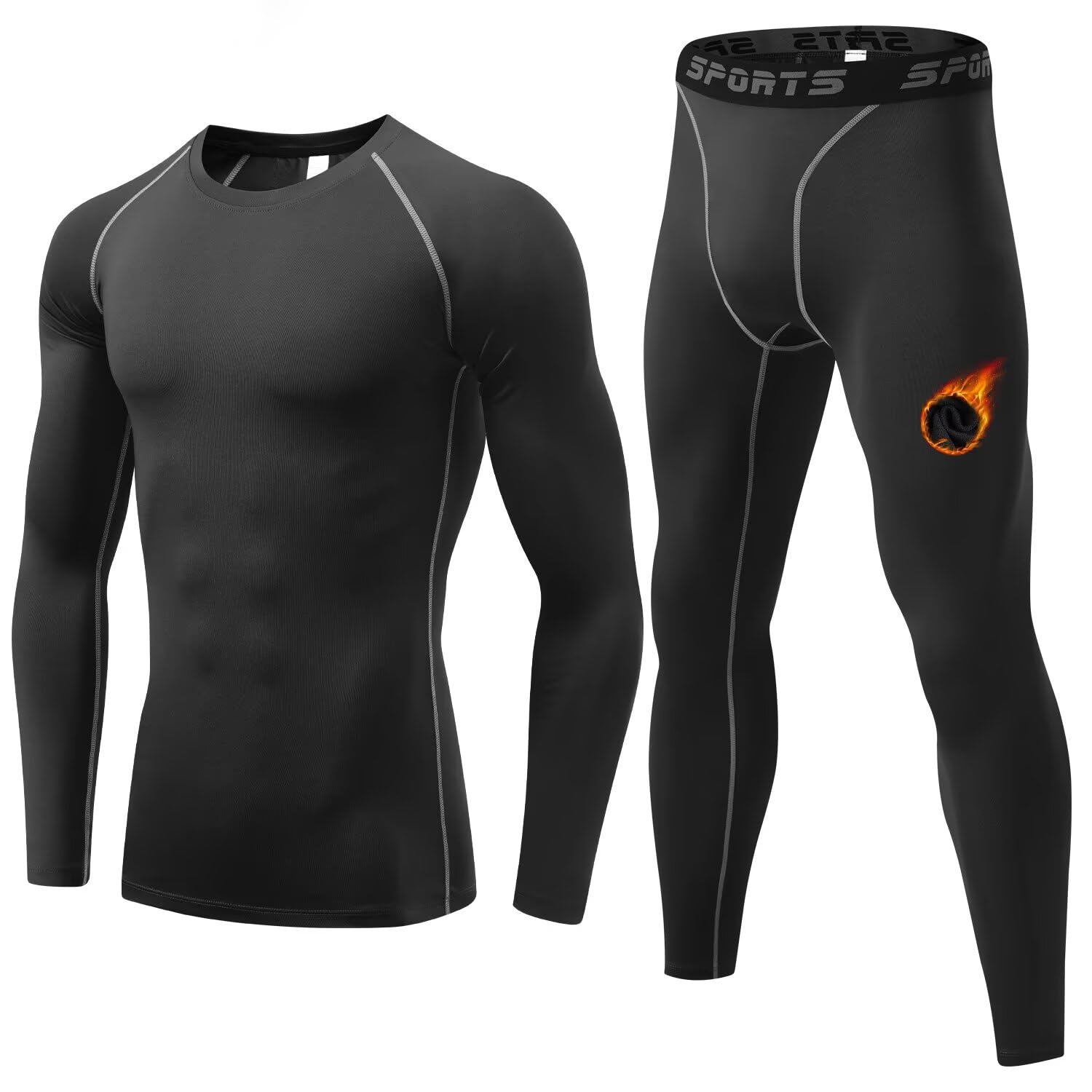 【送料無料】[Sillictor] コンプレッションウェア 上下セット メンズ あったかインナー セットアップ 防寒肌着 上下 長袖 アンダーシャツ + 長ズボン下 タイツ 冬用起毛 [通気速乾 + 防寒保温] 色：3235+3335（裏起毛）ブラック、サイズ：3XL