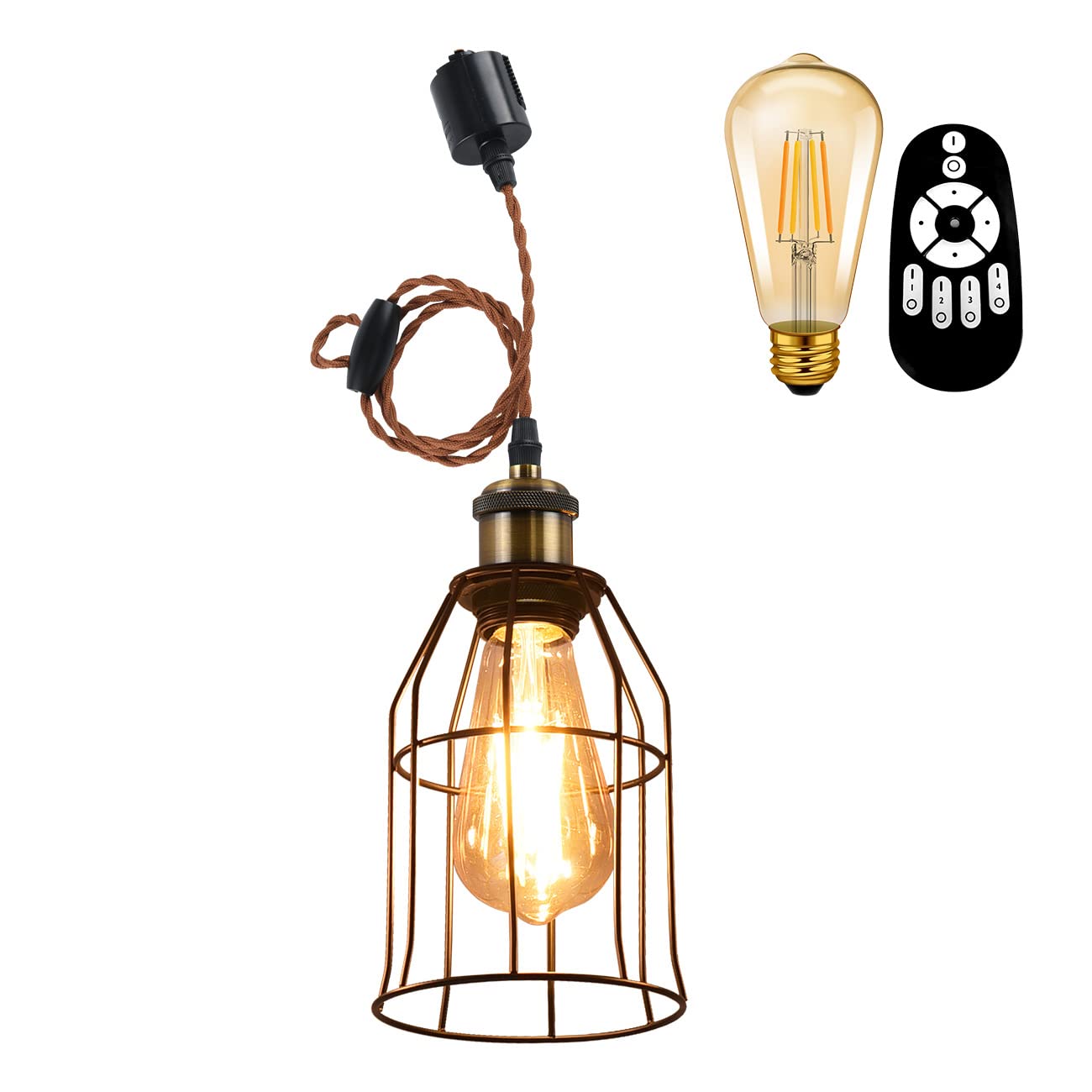 【送料無料】ANWIO ペンダントライト 直径22cm 吊り下げライト E26口金 300LM 4.5W（20W形相当） LED電球付き 北欧風 シーリングランプ リモコン付き サイズ：1個鳥かごダクトレール式