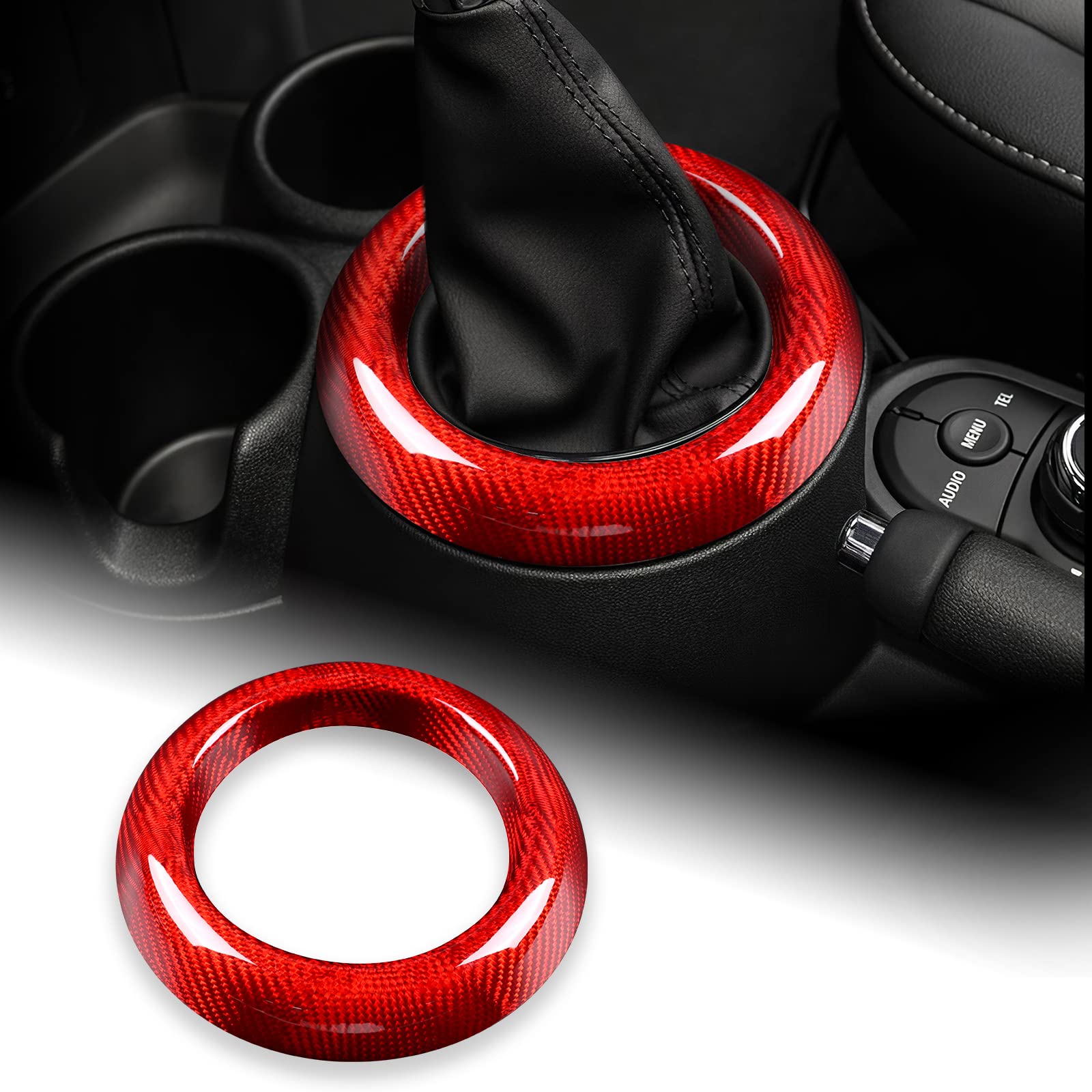 【送料無料】AIRSPEED ミニ F54 F55 F56 F57 F60専用 アクセサリー リアルハードカーボンファイバー製 カーギアシフトトリムリング装飾ステッカー おしゃれ カスタム 内装パーツ MINI Clubman Countryman インテリアパネル 色：レッド、サイズ：シリーズA