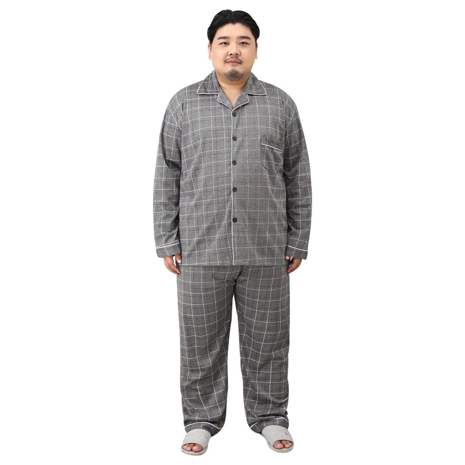 【送料無料】[HEWEAYTA] パジャマ メンズ ルームウェア 大きいサイズ 3XL-5XL 90-140KG 上下セット ゆったり 綿 長袖 半袖 吸汗 通気 肌に優しい 薄手 春夏秋 部屋着 色：602ダークグレー、サイズ：4XL