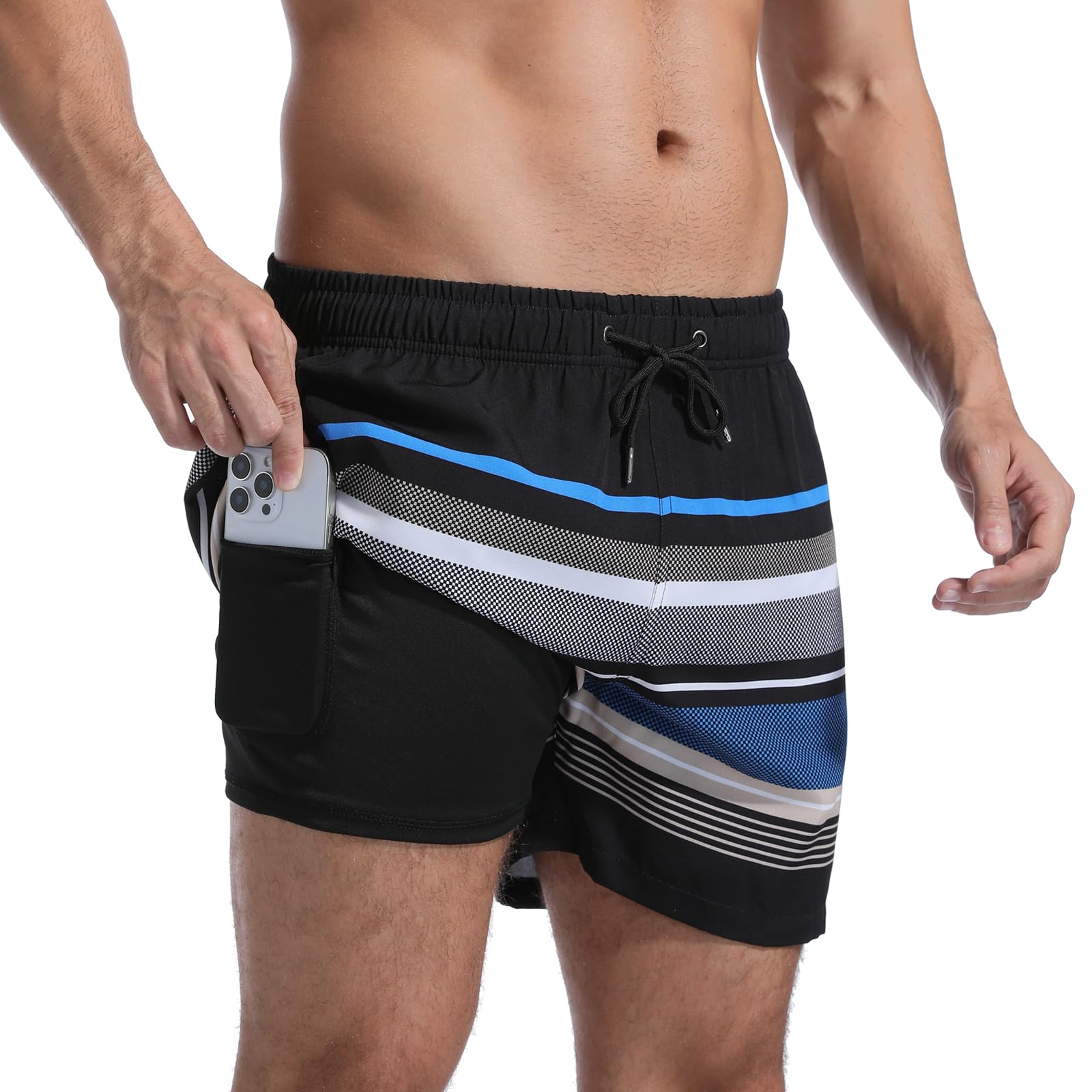 【送料無料】[SUNDAY ROSE] 水着 メンズ 海水パンツ サーフパンツ インナー付き 通気 速乾 海パン コンプレッション インナー付き ショートパンツ 2in1 男性 夏 短パン スポーツ 色：ブラックの縞柄801、サイズ：L