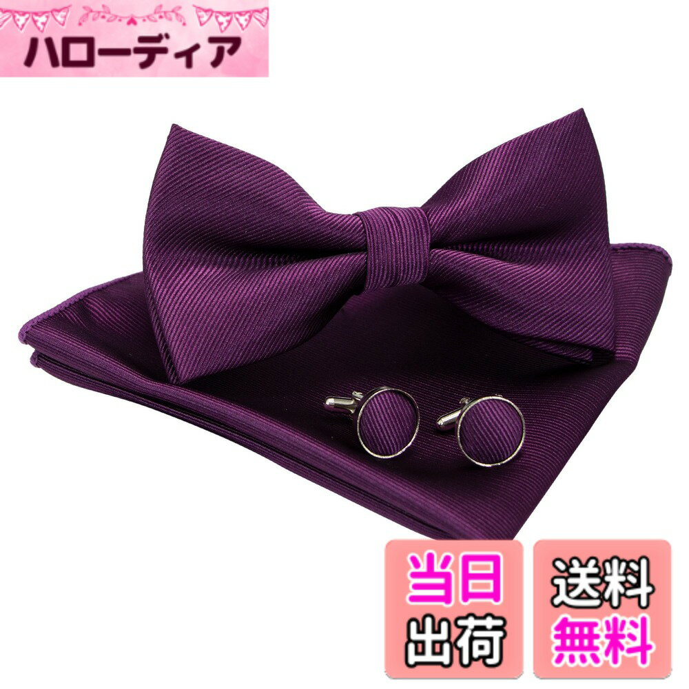 【送料無料】[JEMYGINS] 無地蝶ネクタイとポケットチーフ カフスボタン付き メンズ 色：紫2、サイズ：M