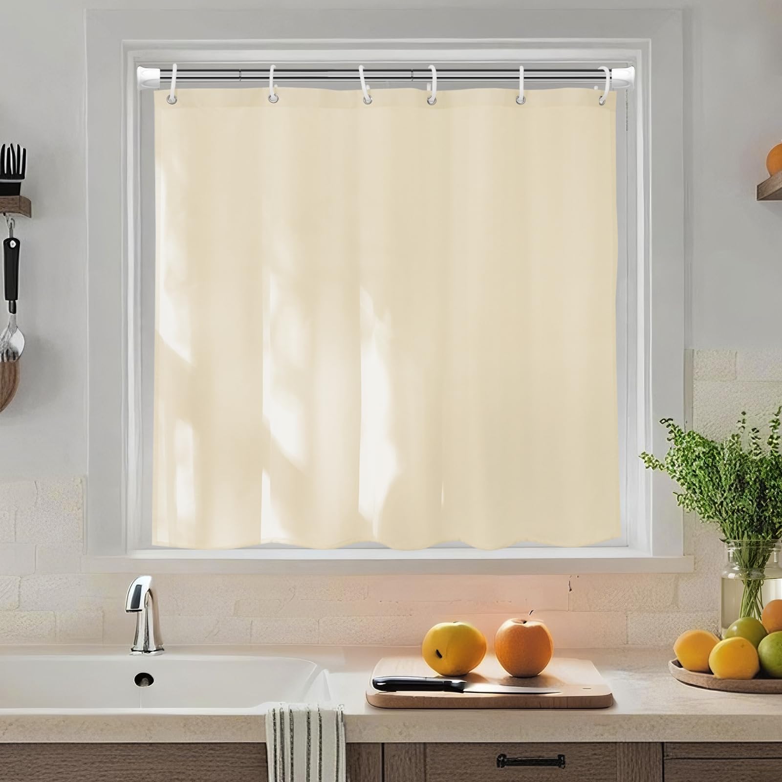 【送料無料】AooHome シャワーカーテン 小窓 目隠し 防水 短め 防カビ ユニットバス 浴室窓 お風呂窓 80cm丈 カフェカーテン 間仕切り 無地 リング付き 洗濯可 取付簡単 色：ベージュ、サイズ：丈60 cm x 幅100 cm (1枚組)