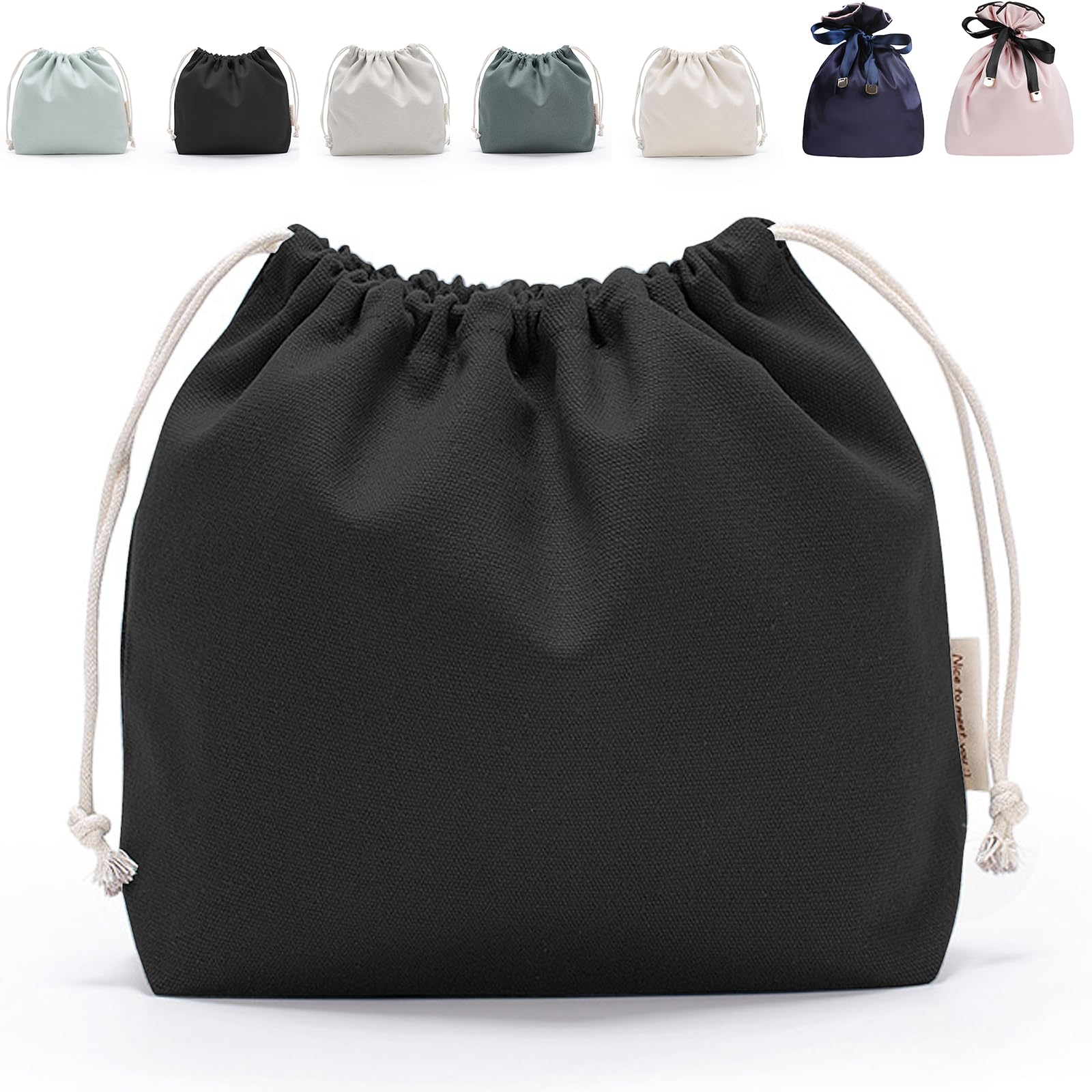 【送料無料】FINGOOO 巾着袋 収納袋 ギフトバッグ 無地 かわいい おしゃれ 可愛い 小 マチ付き 収納ポーチ ラッピング 旅行 学校用 メイク 化粧品 小物入れ 色：漆黒[しっこく]、サイズ：帆布 S