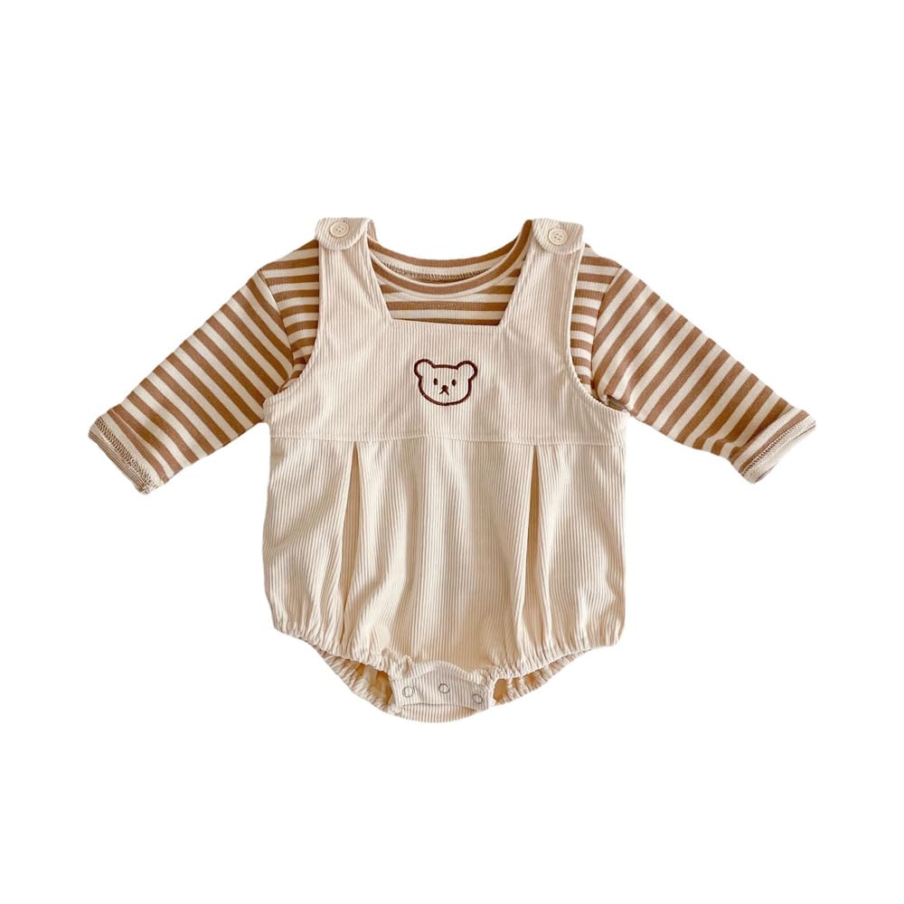 【送料無料】ベビー服サロペットデニム春秋服ボディスーツ男の子女の子カバーオール長袖Tシャツ2点セット赤ちゃん七五三バースデー出産準備贈り物 色：ベージュ2、サイズ：73cm（6-9M）