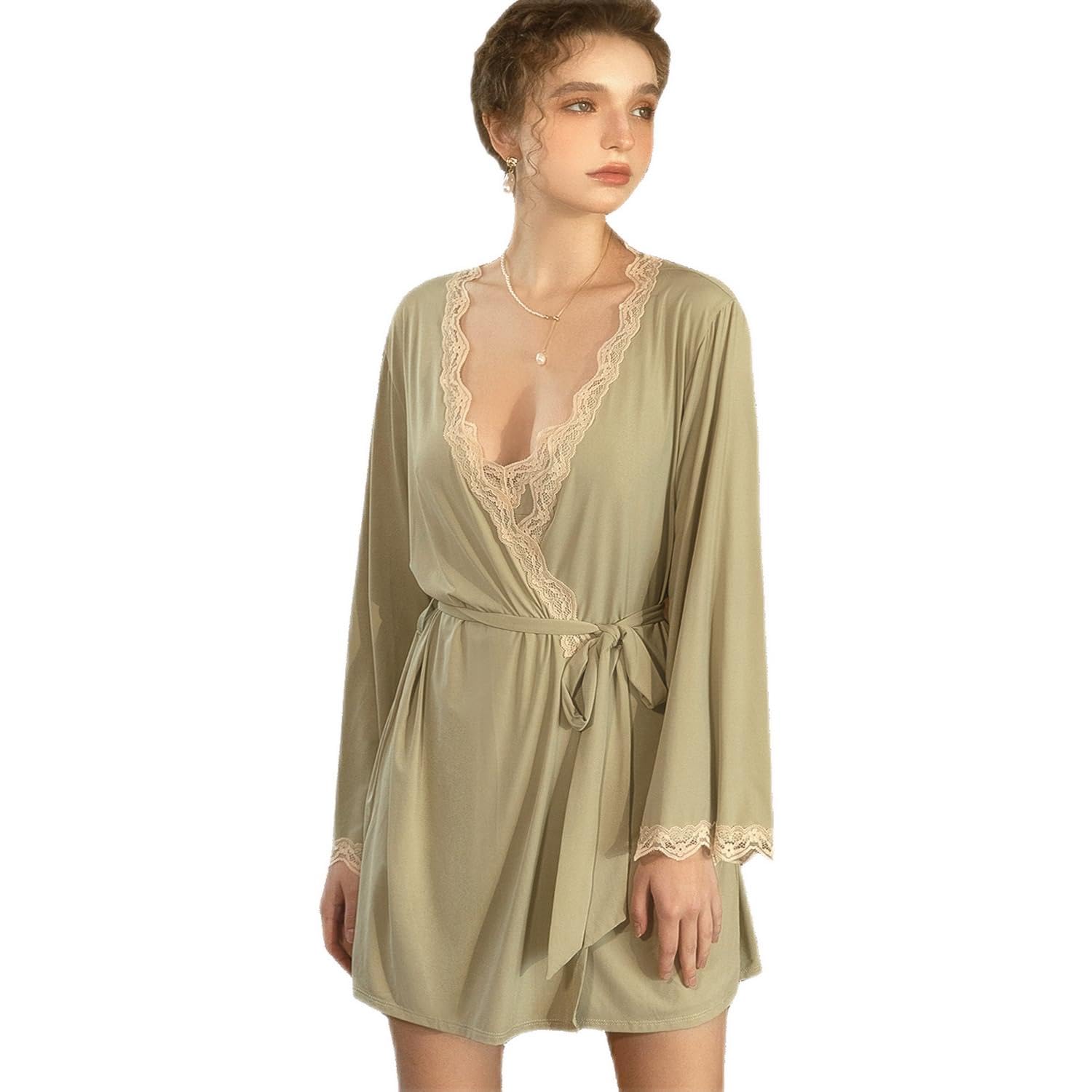 【送料無料】[Wzhiming] バスローブ レディース パジャマ ルームウェア ワンピース シルクのような肌触り 浴衣式 ロング ナイトガウン 女性用 涼しい素材 快適 柔らかい 肌に優しい 色：グリーン、サイズ：L