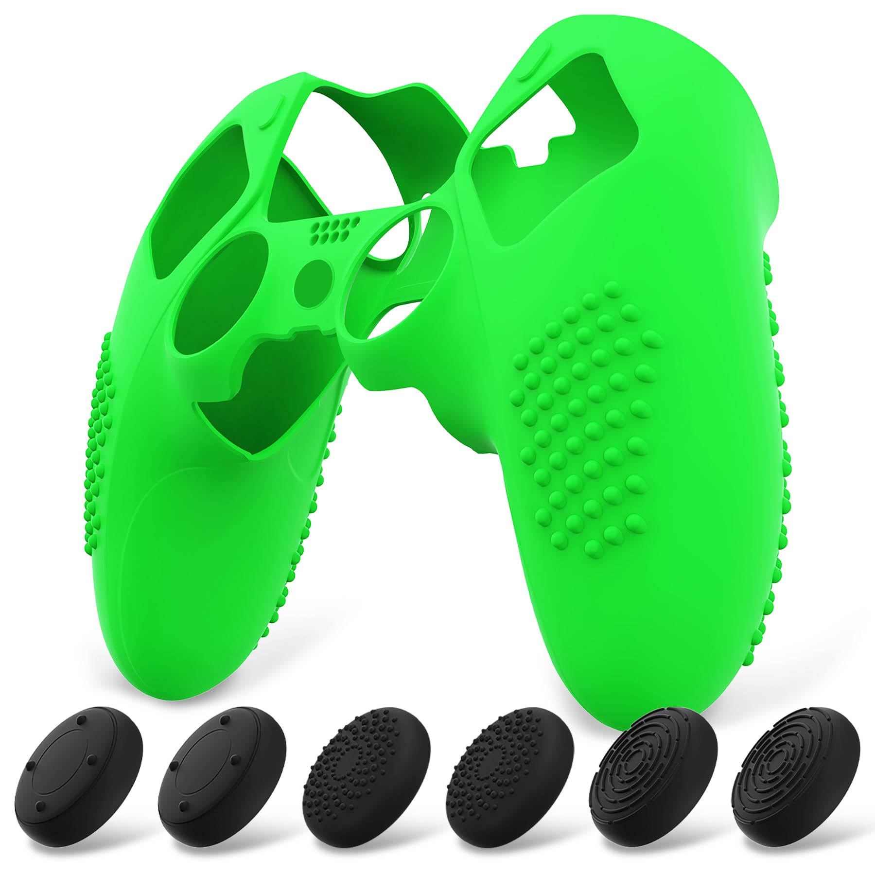 【送料無料】PlayVital ps5 Edgeコントローラーに対応用滑り止めシリコンカバーケース、ps5 Edge対応用ソフトラバープロテクタースキン、サムグリップキャップ付きー3Dスタッズエディション 色：グリーン