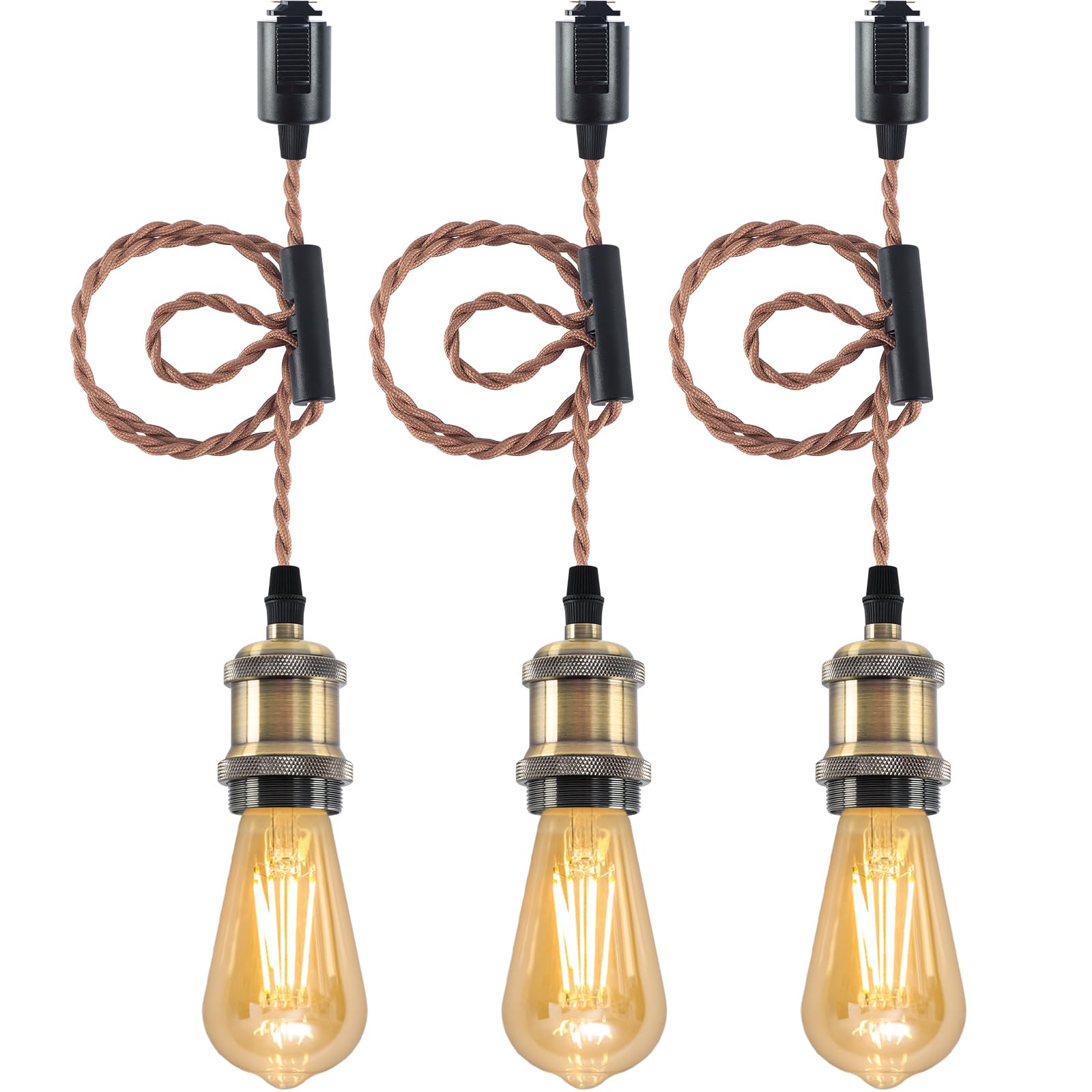 【送料無料】szbritelight ペンダントライト E26 真鍮メッキ古仕上げ カフェ 古アンティーク紐 色：真鍮色、サイズ：ダクトレール用+電球（3個セット）