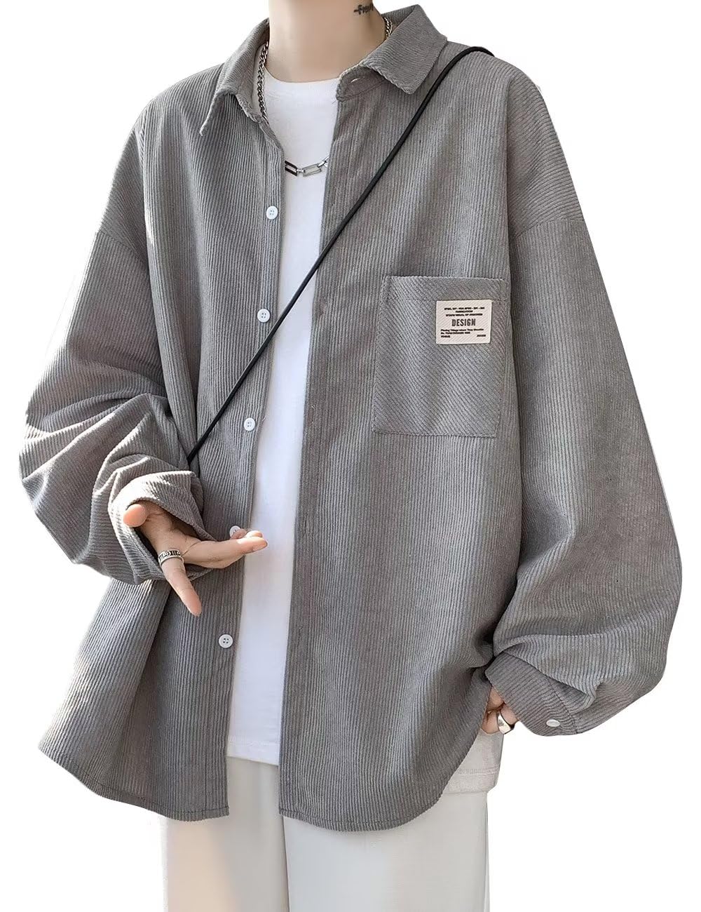 【送料無料】[VICALLED] シャツ メンズ 長袖 大きいサイズ 春秋服 コーデュロイ ノーアイロン カジュアル 無地 開襟シャツ 柔らかい オシャレ ゆったり シンプル 色：グレー、サイズ：2XL
