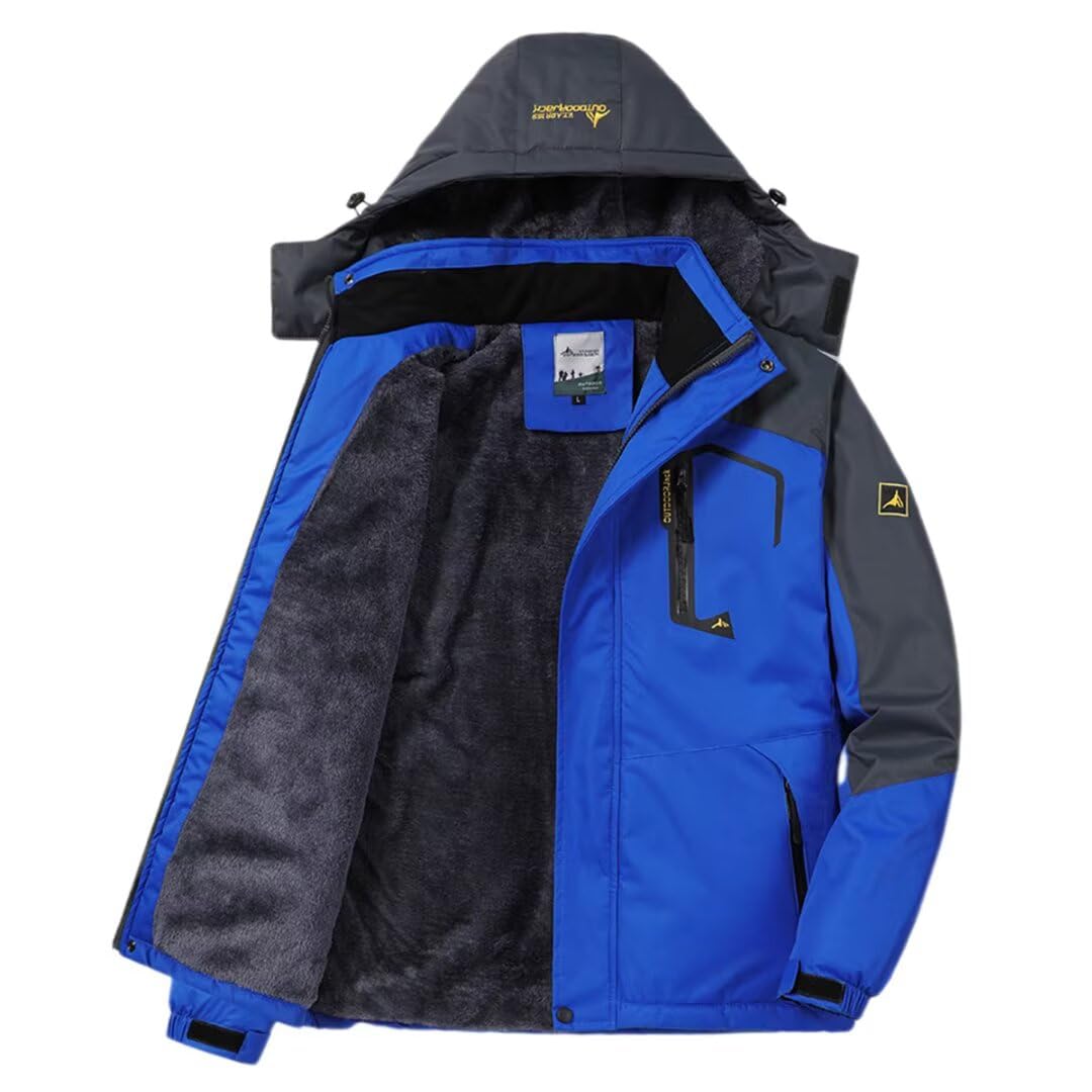 【送料無料】[Yucahype] アウトドアジャケット メンズ 厚手 多機能 L-6XL マウンテンジャケット 裏起毛 フード付き ウィンドブレーカー 登山用コート 防寒 防風 防水 マウンテンパーカー 登山服 暖かい スキー 春 秋 冬 色：ブルー、サイズ：L