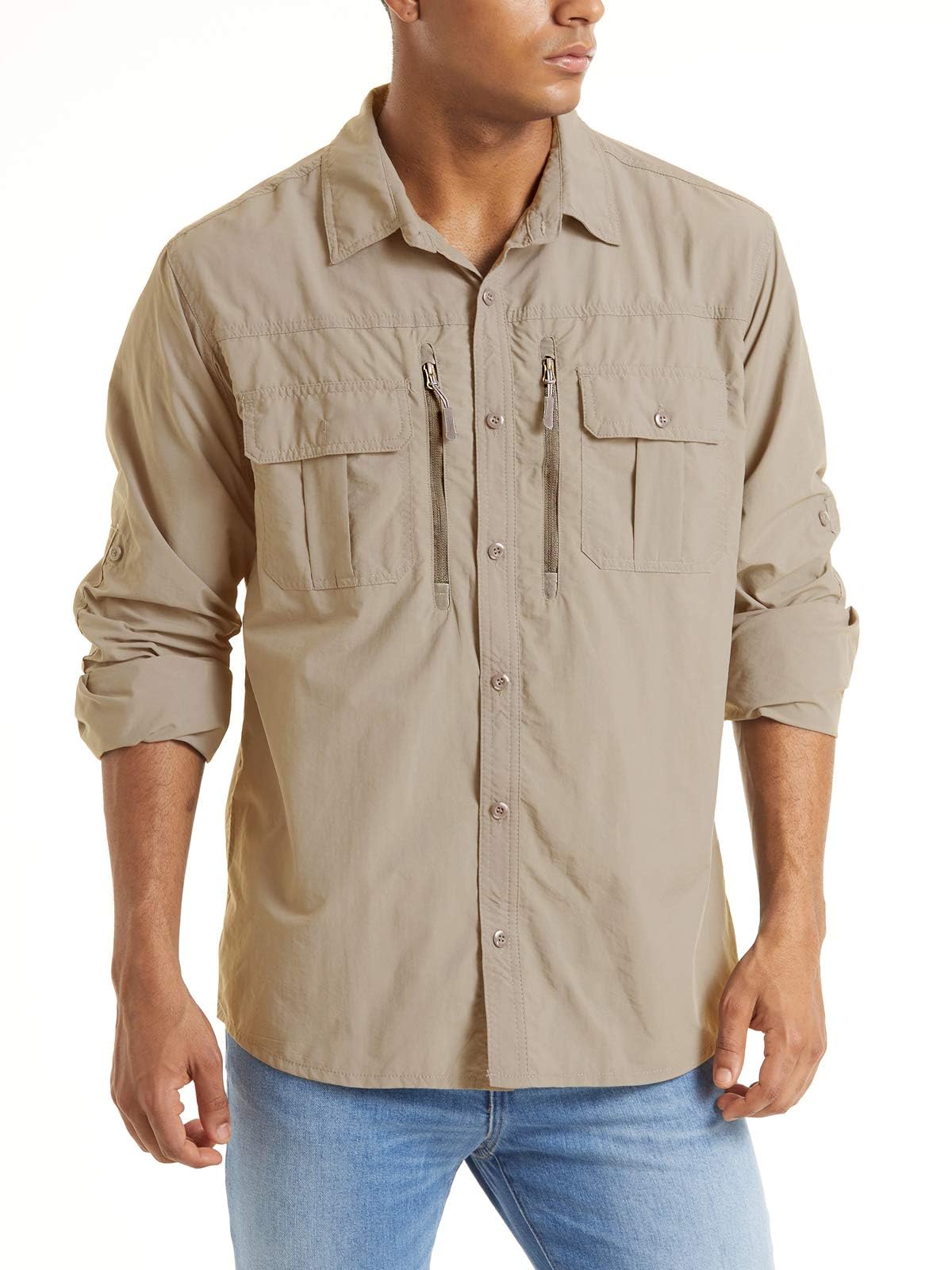 【送料無料】[TACVASEN] アウトドア シャツ メンズ ミリタリー 吸汗 速乾 通気性 タクティカルシャツ ワークシャツ 長袖 作業服 UVカット 薄手 サバゲー 無地 登山 春 夏 秋 色：カーキ、サイズ：L