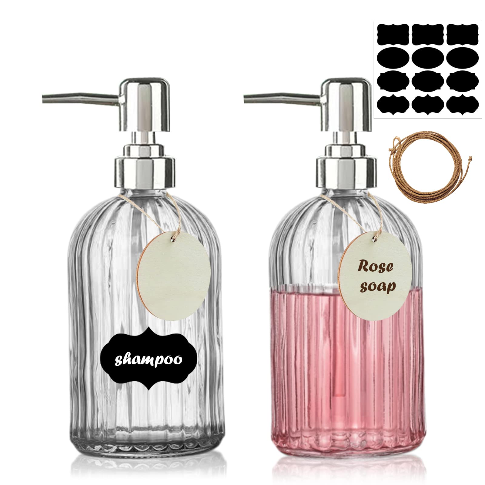 【送料無料】siawadeky ソープディスペンサー 詰め替えボトル 2本セット シャンプーボトル ディスペンサーソープ ガラス製 ポンプボトル ソープボトル シャンプー用 シャワージェル用 詰め替え容器 シール ラベル付き 500ml/本 色：ストライプ 2本セット 500ml
