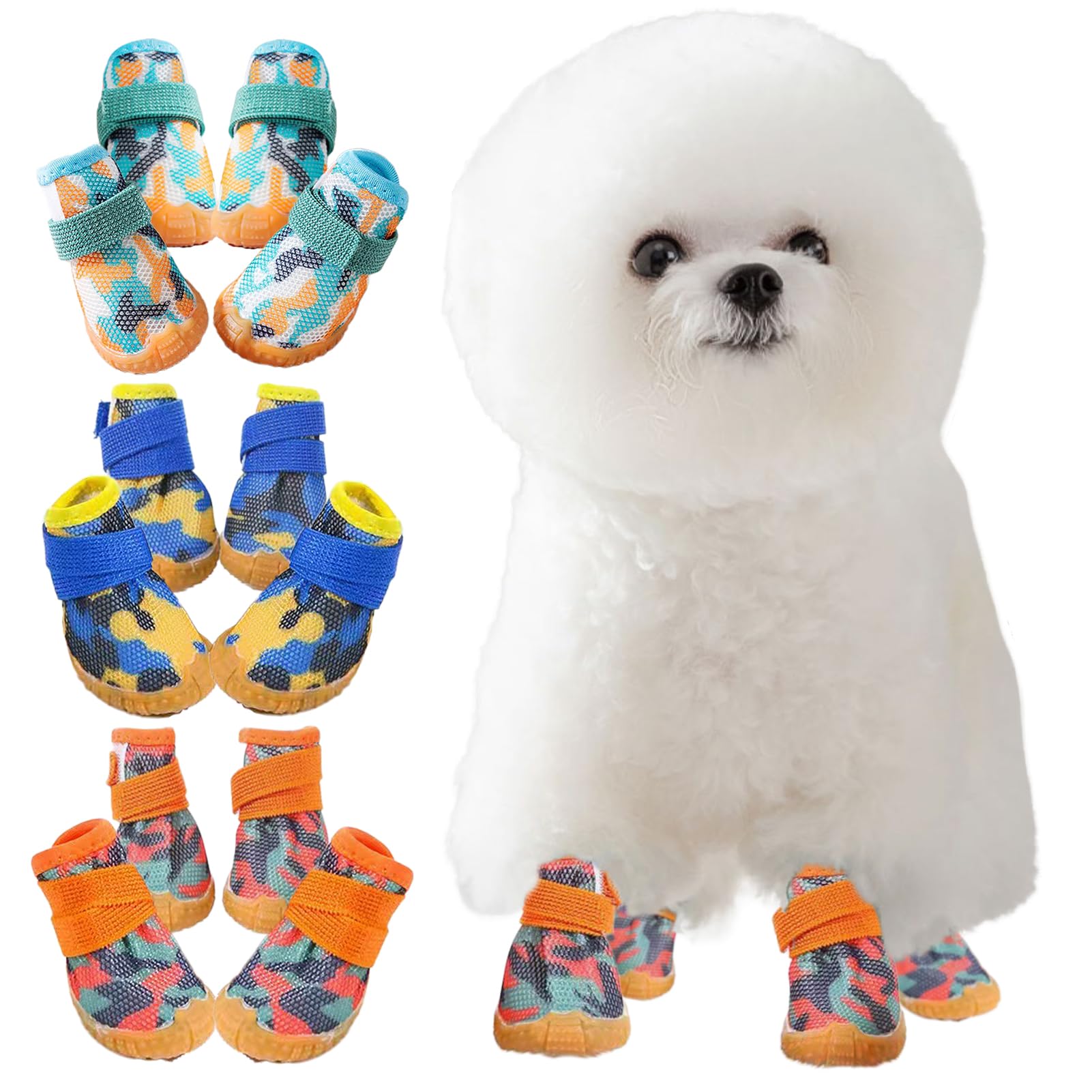【送料無料】KUVEELA PET 小型犬 中型犬 犬靴 犬用シューズ ペットブーツ ドッグウェア メッシュ ひんやり 軽い 脱げない 肉球保護 滑り止め 汚れ防止 通気性 マジックテープ お出かけ お散歩 4個セット 色：（迷彩）オレンジ、サイズ：2#