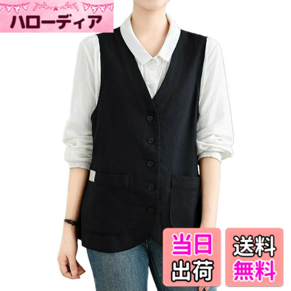 【送料無料】[Niliv] ベスト レディース 綿麻 リネンベスト Vネック 重ね着風 トップス リネン カジュアル ポケット付き 体型カバー 着心地よい 無地 ブラウス 森ガール 春夏秋 色：ブラック、サイズ：2XL
