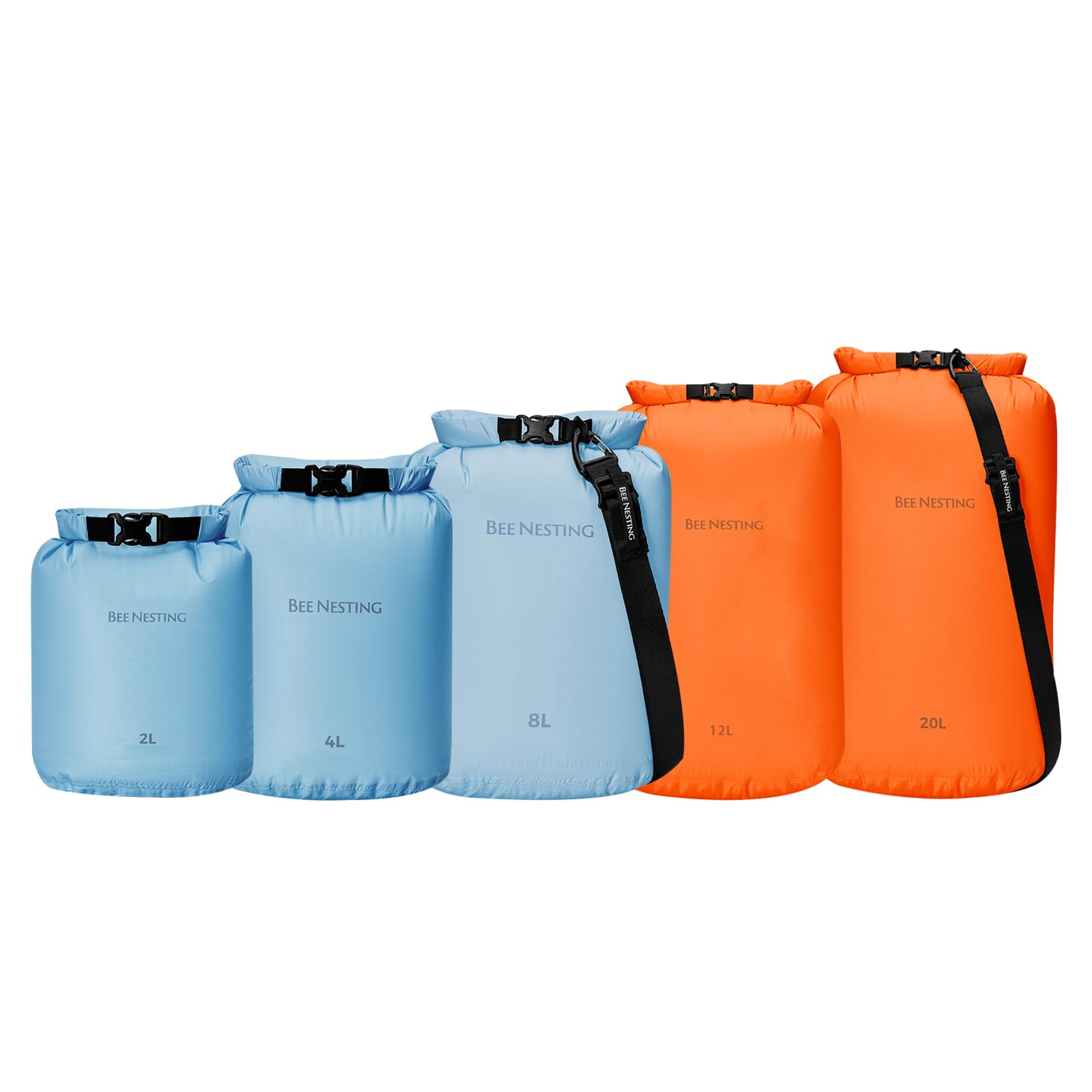 【送料無料】BeeNestingバックパッキング用超軽量ドライバッグセット、キャンプ、ハイキング、オートバイ用の防水ドライバック、3パックの軽量スタッフサックセット… 色：ライトブルー+オレンジカラ、サイズ：7点セット
