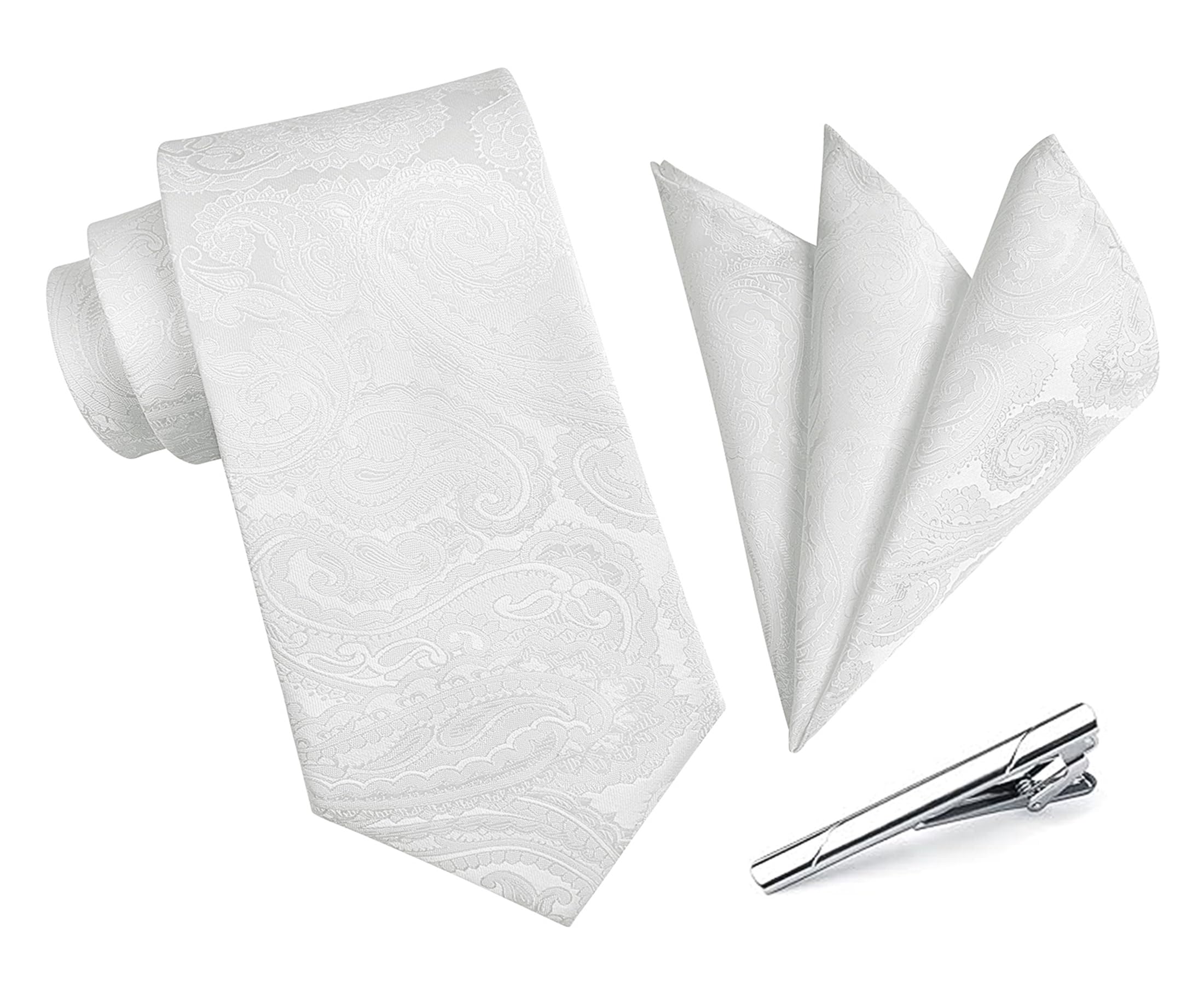 【送料無料】[HISDERN] A3-03 結婚式 ネクタイ チーフ クリップ 3点セット シルバー 幅8.5cm ギフトボックス付き 高級 光沢 フォーマル 礼服用 披露宴 紳士用 色：02ホワイト（ペイストリー柄）、サイズ：Free Size