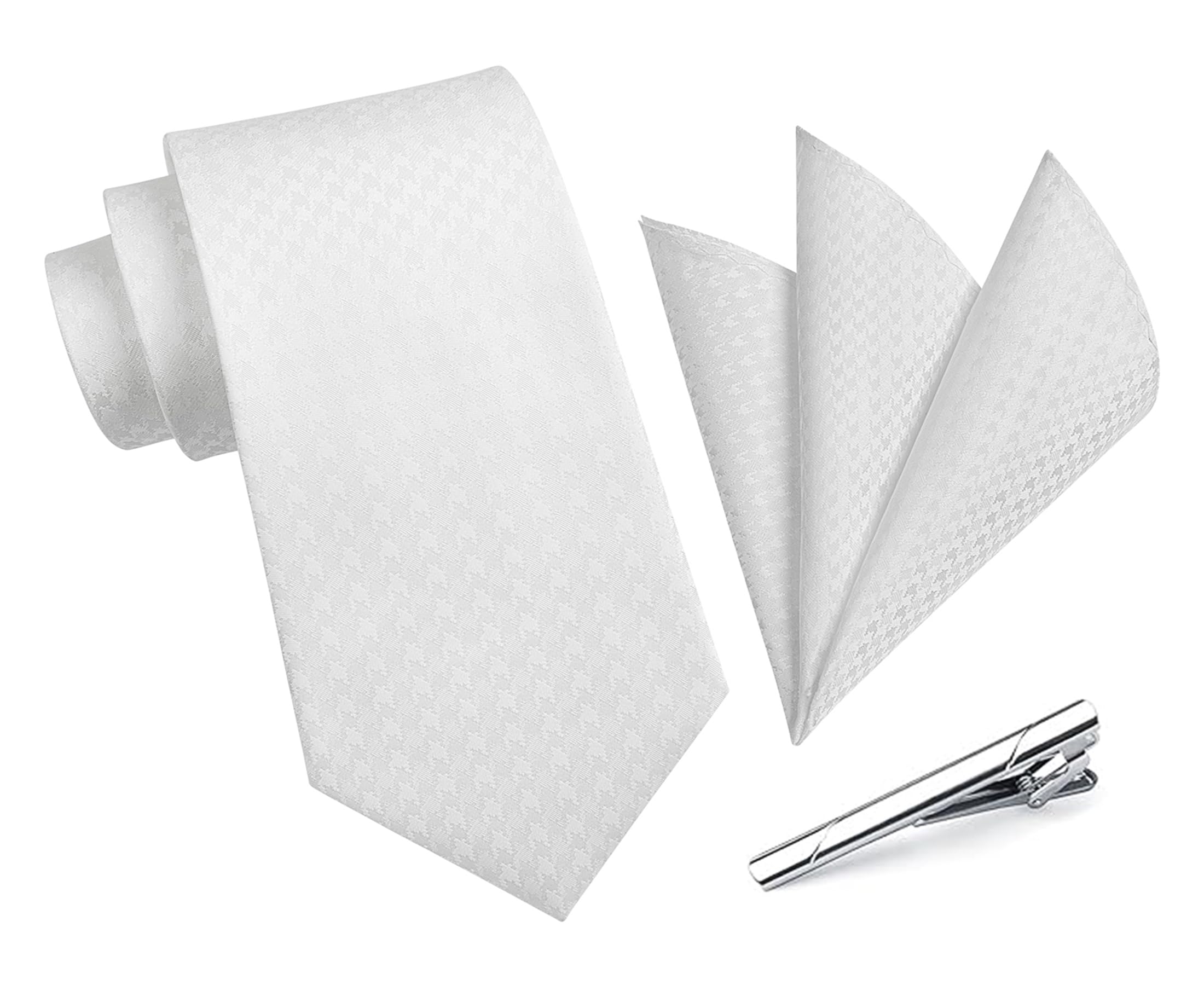 【送料無料】[HISDERN] A3-03 結婚式 ネクタイ チーフ クリップ 3点セット シルバー 幅8.5cm ギフトボックス付き 高級 光沢 フォーマル 礼服用 披露宴 紳士用 色：06ホワイト（千鳥格子）、サイズ：Free Size