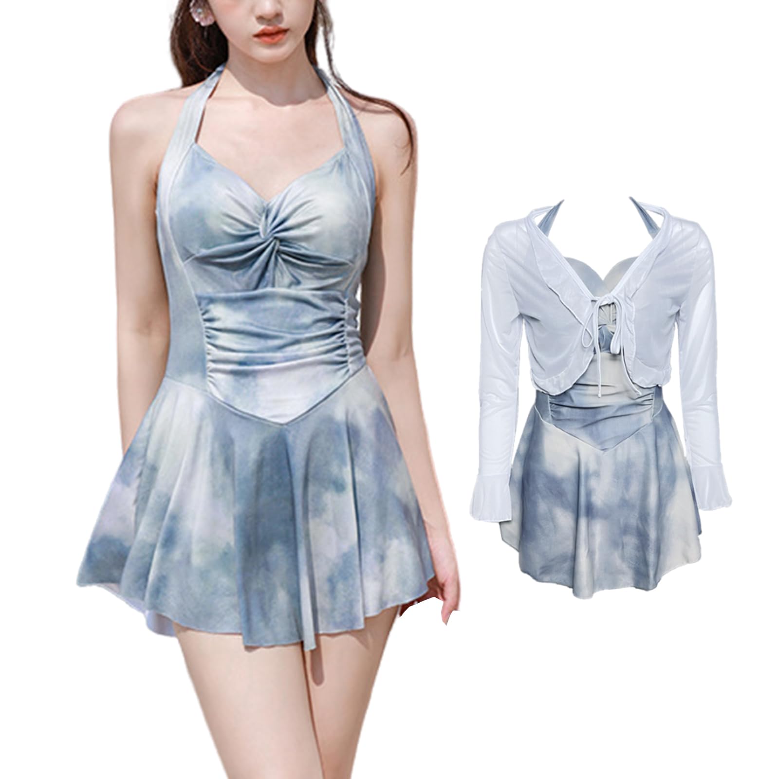 【送料無料】[Leadamon-oee] 水着 レディース ワンピース 2点セット ラッシュガード ハイウエスト オールインワン 水着セット 体型カバー 水着ワンピース ビキニ 胸パッド付き フリル ビーチ 上品 おしゃれ 海 温泉 色：ブルー、サイズ：XL