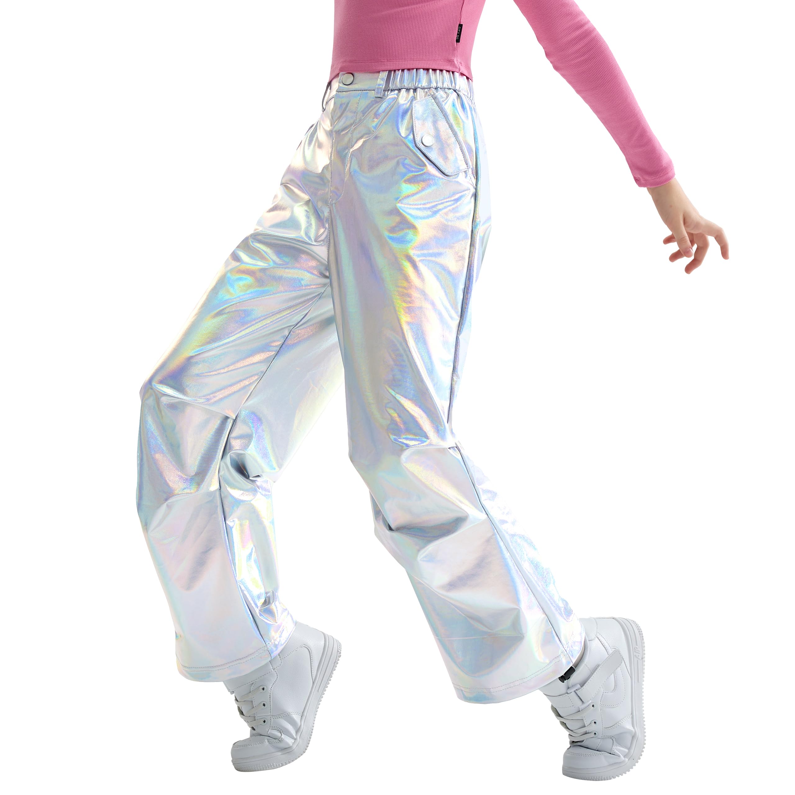 【送料無料】[LOLANTA] ダンス パンツ キッズ ダンス衣装 女の子 ワイドパンツ ロングパンツ カーゴパンツ キラキラ PUレザー おしゃれ 130-170 色：シルバー（Laser silver）、サイズ：160