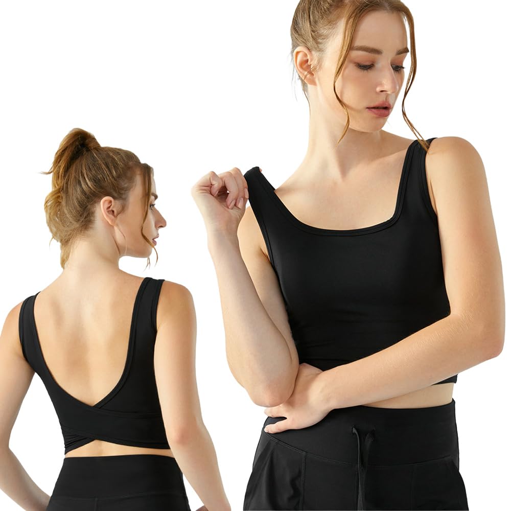 【送料無料】[Siomlana] スポーツブラ レディース タンクトップ ヨガウェア キャミソール トップス スポーツキャミソール 揺れない カップ付き 背中開き 色：ブラック、サイズ：S