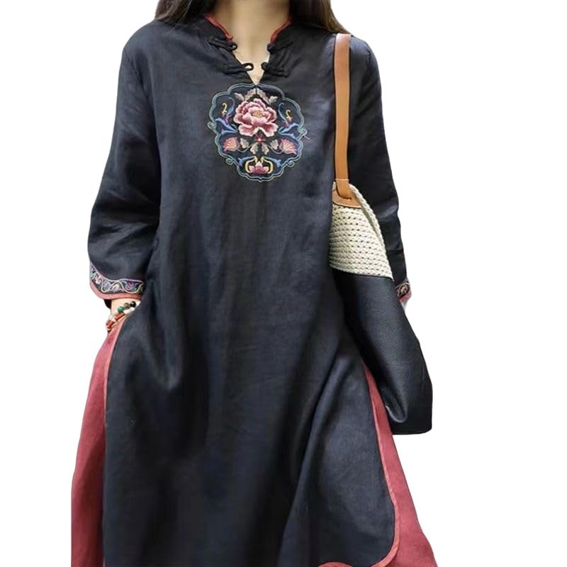 【送料無料】[KEWJYUE] ワンピース レディース 中華風 長袖 スタンドカラー 綿麻 チャイナ 刺繍 無地 薄手 シャツワンピース ロング ゆったり 着痩せて見え カジュアル 普段着 お出掛け 色：ブラック、サイズ：M