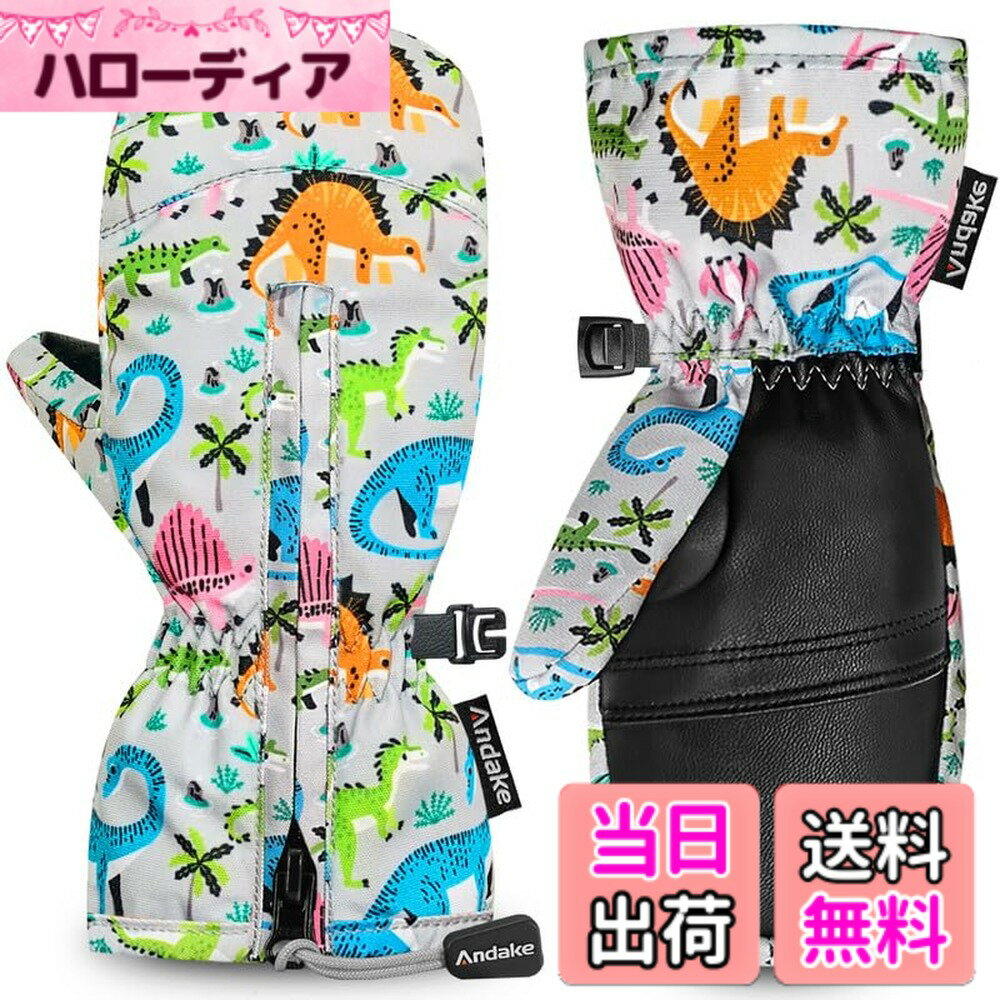【送料無料】Andake スキーグローブ子供スキー防寒グローブスノーボードグローブ保温防水防風滑り止めアウトドア雪遊びです紛失防止グローブ男の子女の子 色：恐竜、サイズ：XXS（3-6歳）