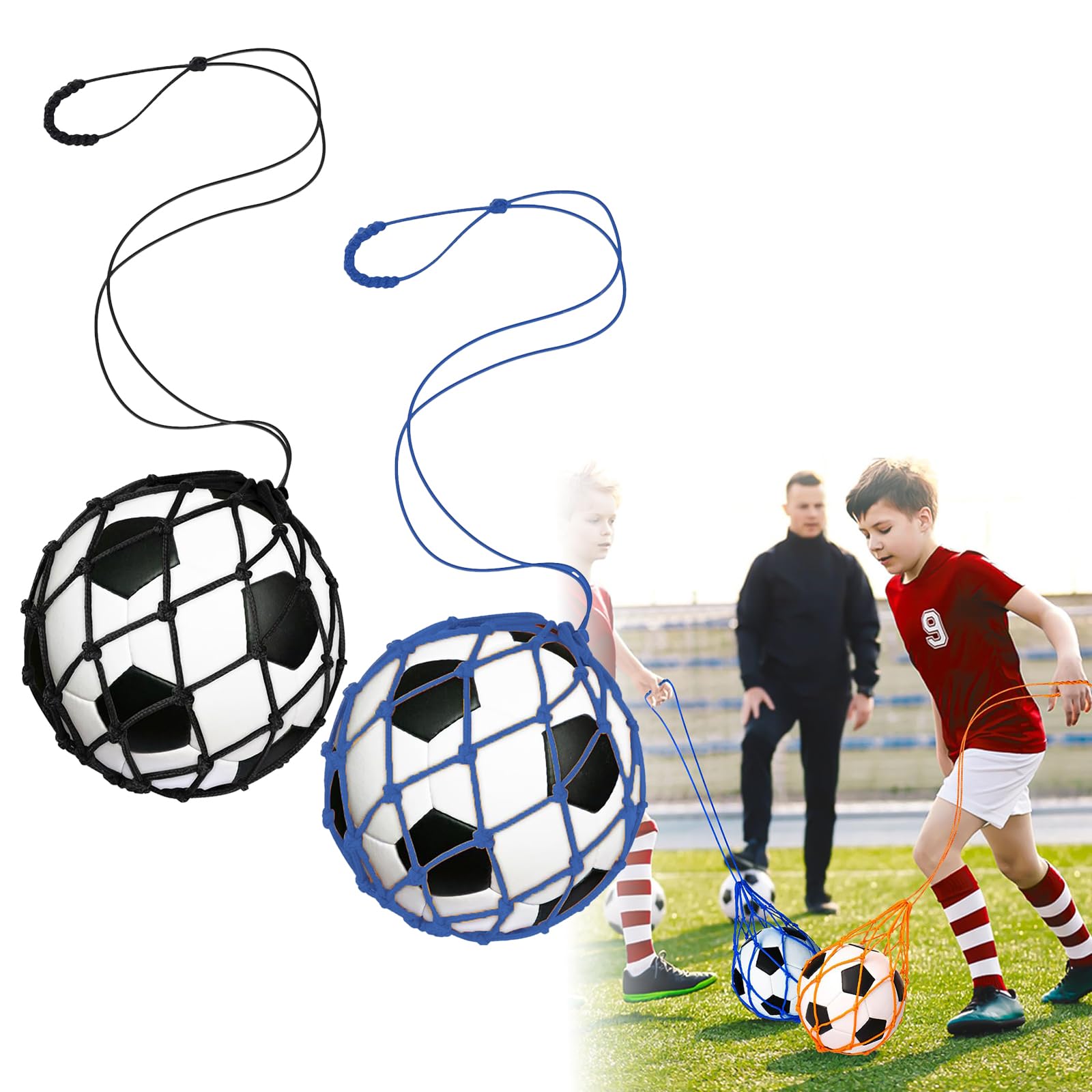 【送料無料】HanaHaul ボールネット サッカーボール入れ サッカーボール ネット リフティング練習 トレーニング用ボールバッグ 子供用（持ち手80cm）学校 部活 試合 練習 収納 バレーボール/バス 色：ブルー＋ブラック、サイズ：子供用、全長：120cm、持ち手の長さ：80cm