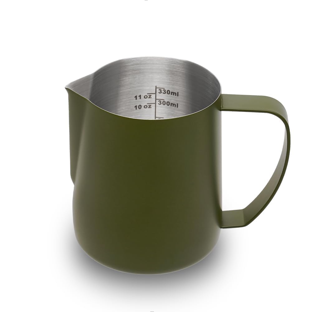 【送料無料】watchget ミルクピッチャー ミルクジャグ ラテアートピッチャー ミルク泡立て器ジャグエスプレッソ蒸気ピッチャー ステンレス製 目盛り付き ラテアート カプチーノカップ 色：グリーン、サイズ：350ml