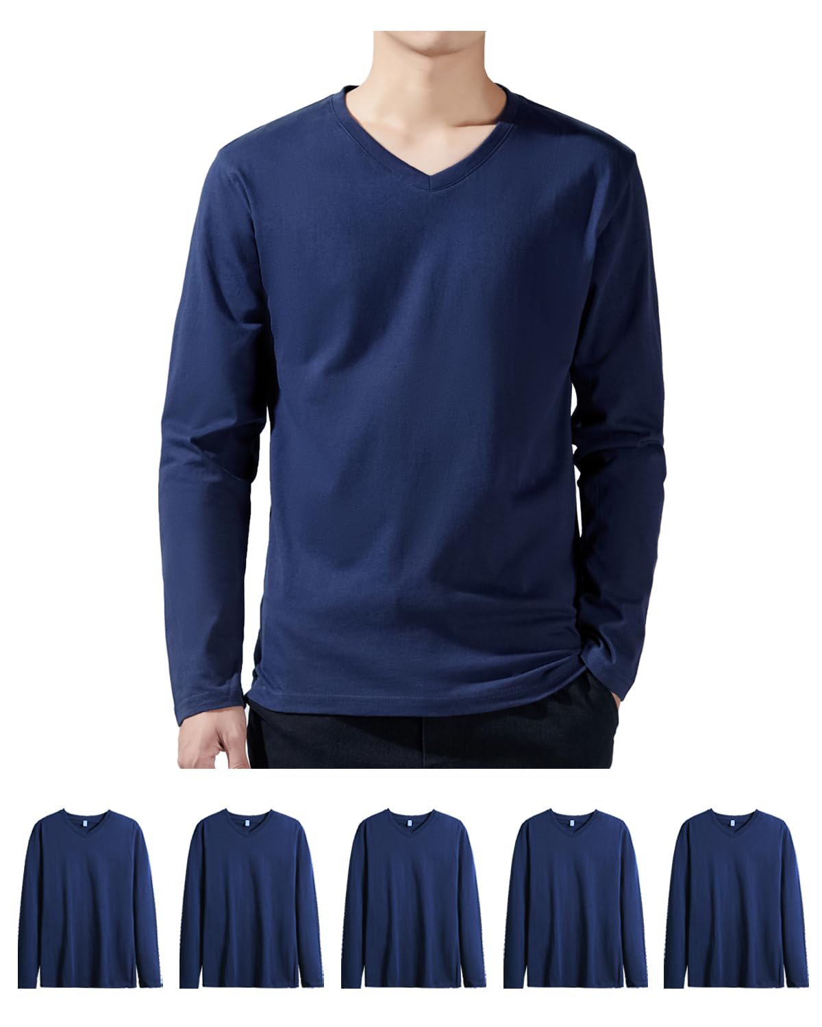 【送料無料】Sukinana インナーシャツ メンズ 長袖 綿100% 5枚組 Vネック やわらか 肌着 あったか 下着 抗菌防臭加工 無地 tシャツ 春秋冬 色：ネイビー、サイズ：XL