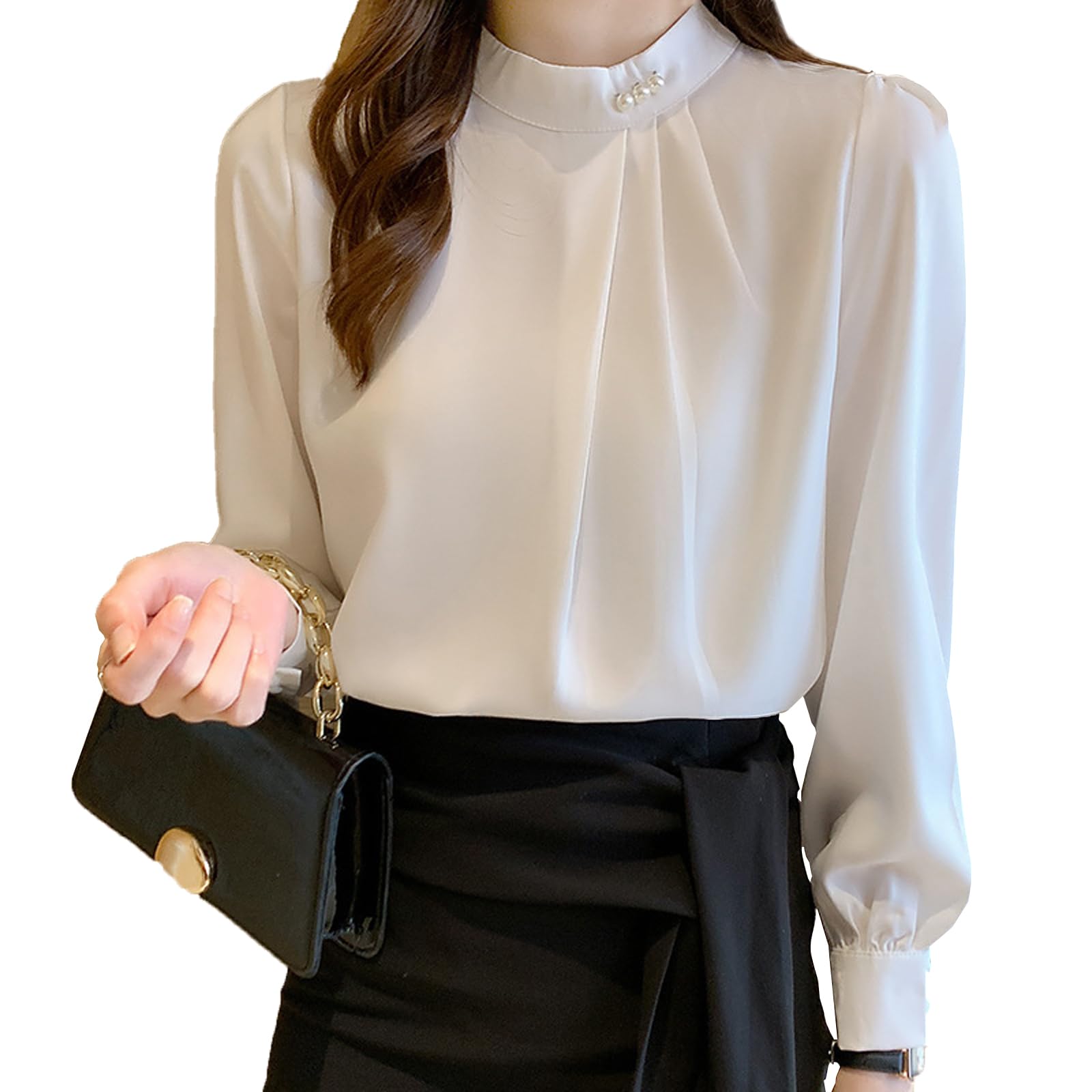 【送料無料】[SYitong] ブラウス レディース 長袖 パール シャツ 立ち襟 上品なイメージ 体型カバー エ..