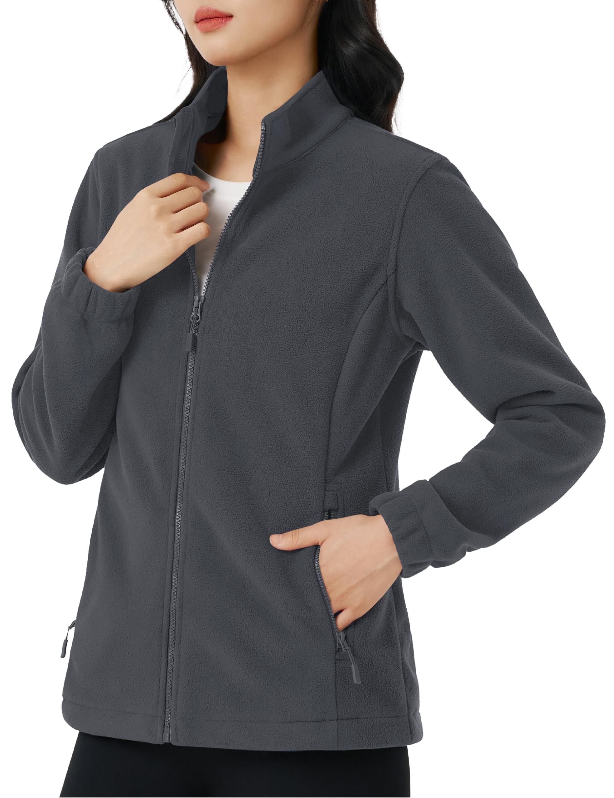 【送料無料】[KEFITEVD] フリースジャケット レディース 薄手 防寒着 帯電防止 秋冬 登山 ジャケット ライト アウター 立ち襟 無地 ジップアップ ブルゾン アウトドア スキーウェア インナー 色：ダークグレー、サイズ：3XL