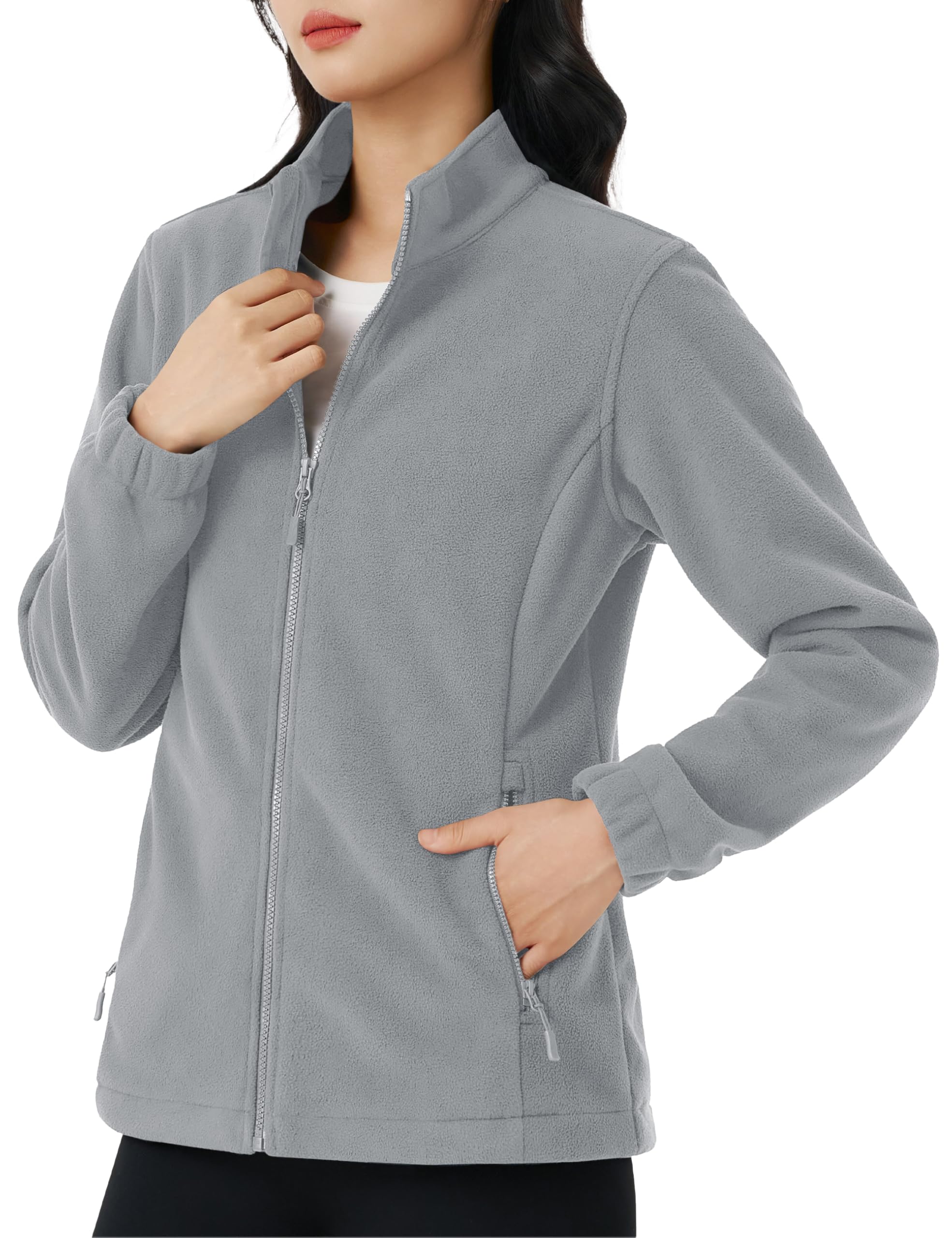 【送料無料】[KEFITEVD] フリースジャケット レディース 薄手 防寒着 帯電防止 秋冬 登山 ジャケット ライト アウター 立ち襟 無地 ジップアップ ブルゾン アウトドア スキーウェア インナー 色：ライトグレー、サイズ：L