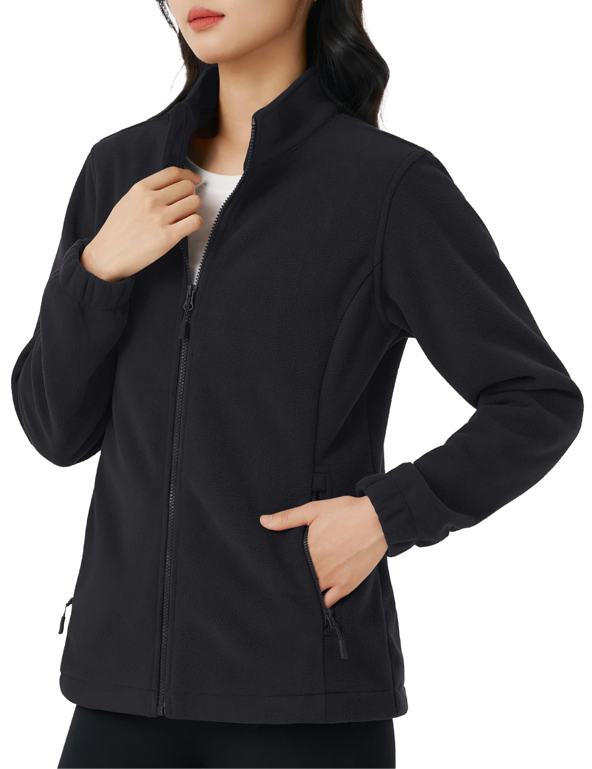 【送料無料】[KEFITEVD] フリースジャケット レディース 薄手 防寒着 帯電防止 秋冬 登山 ジャケット ライト アウター 立ち襟 無地 ジップアップ ブルゾン アウトドア スキーウェア インナー 色：ブラック、サイズ：2XL