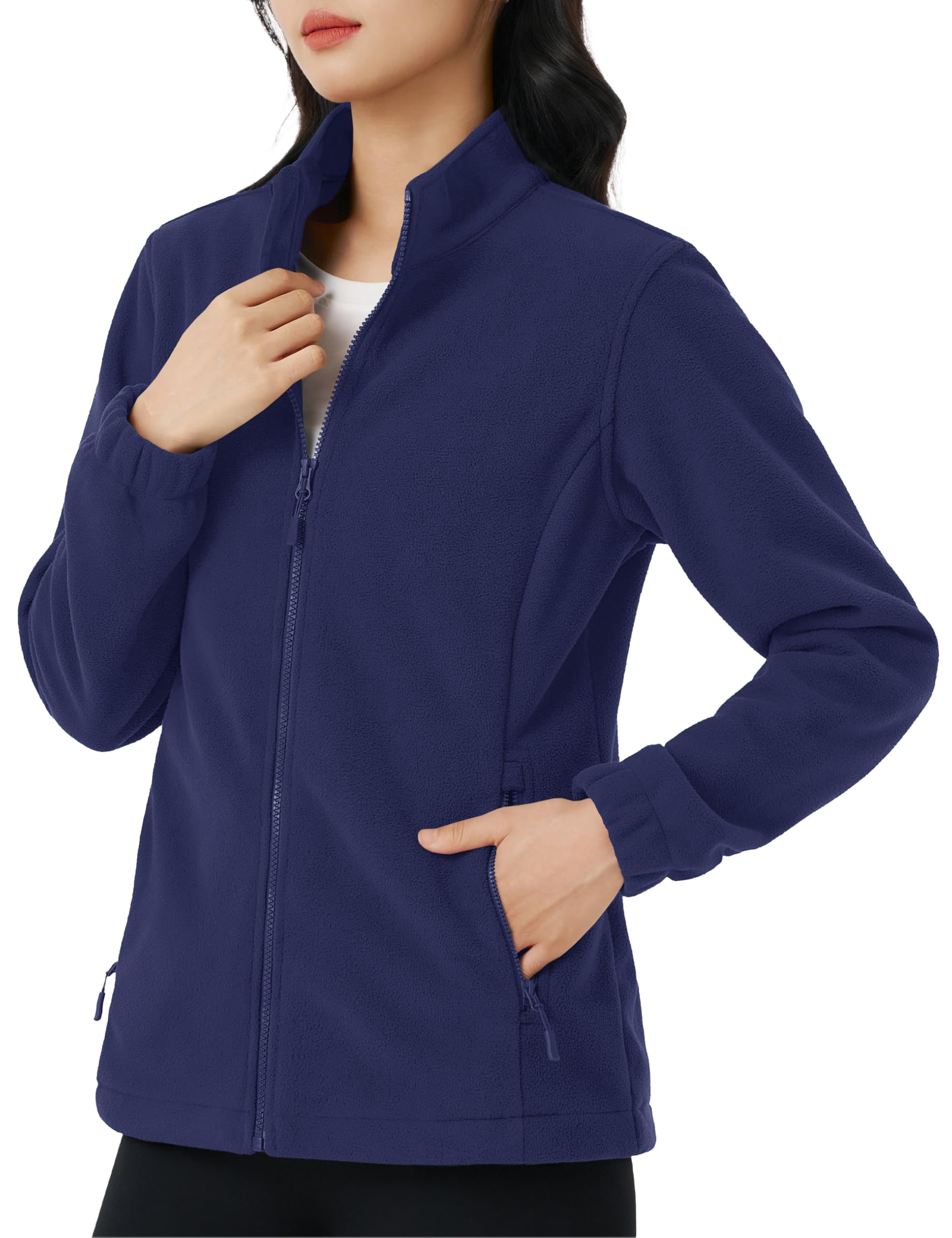【送料無料】[KEFITEVD] フリースジャケット レディース 薄手 防寒着 帯電防止 秋冬 登山 ジャケット ライト アウター 立ち襟 無地 ジップアップ ブルゾン アウトドア スキーウェア インナー 色：ネイビー、サイズ：XL