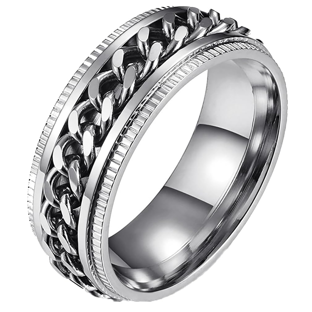 商品情報商品の説明主な仕様 真ん中で回転する喜平チェーンをデザインに取り入れた、シンプルでおしゃれなメンズリングです。【喜平チェーン】鎖のつなぎ方の一種で、鎖の輪をつないで90度ひねり押しつぶしたデザインをいいます。つぶした面が連続して同じ面を向いているので、重厚でなめらかな輝きが特徴です。【スピンリング／ストレス解消】チェーン部分が回転します。スピンリングはハンドスピナーのように目立つことがなく、日常で着用しながら回転させることができます。このリングを回転させるという行為は、不安を軽減して気持ちを落ち着かせるという心理的効果があります。派手過ぎず日常で着用しやすいリングは、ちょっとしたプレゼントにもおすすめです。【カラー】シルバー / ピンクゴールド / ブラック / ブラック・ブルー ※このリングはアメリカサイズで製作されており、日本サイズでピッタリ表すことが出来ないので、少数点をつけた号数でサイズを表記させていただいております。