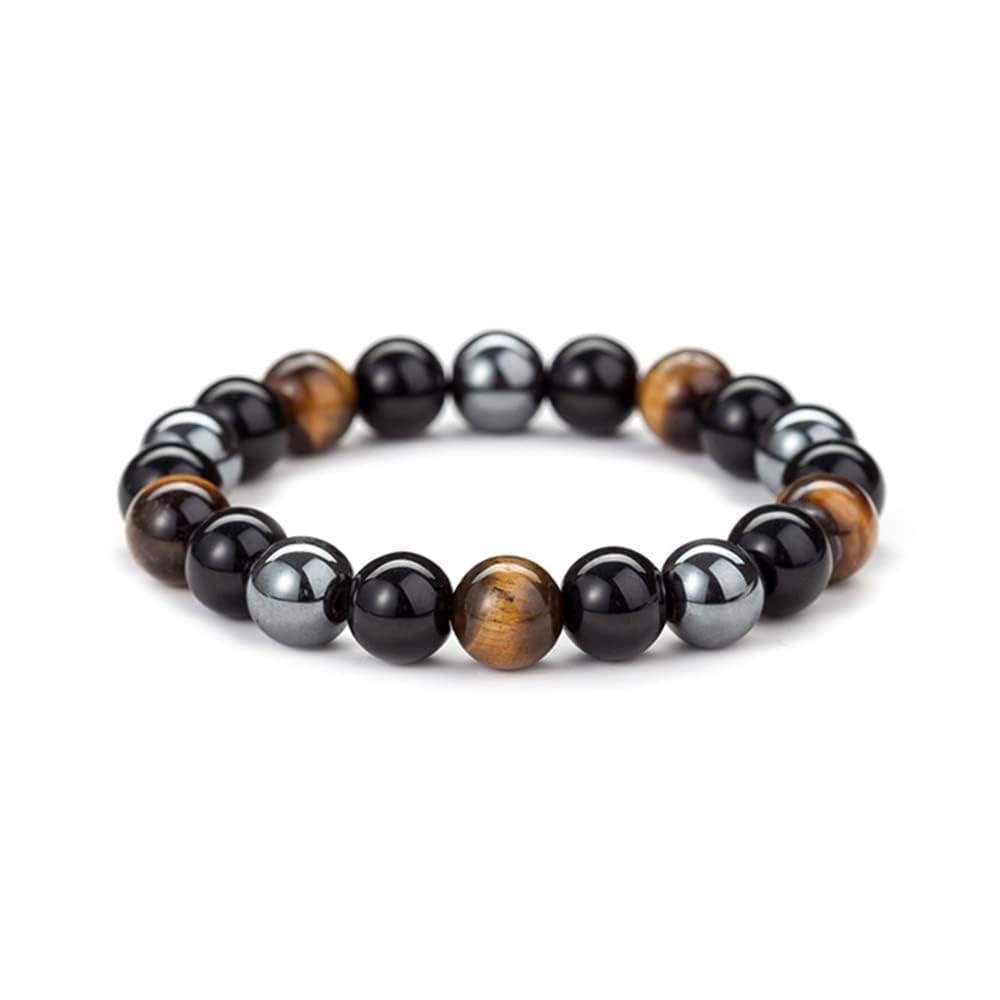 【送料無料】[LinnWell] 限定ブランド 天眼石タイガーアイヘマタイト ブレスレット 天然石3色ミックスタイガーアイ ブレスレットパワーストーン 虎目石 天然石金運 勝負運仕事運風水 数珠祈願 厄除け お守りブレスレット 色：ブラック、サイズ：ミディアム