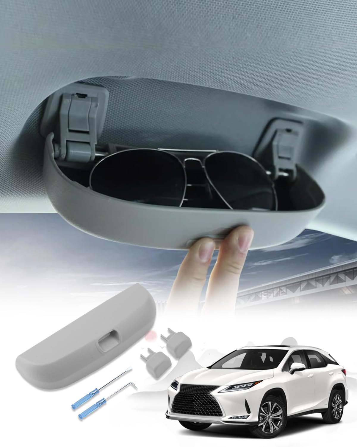 【送料無料】ruiya S G O S N サングラスホルダー サングラスケース サングラス スポーツサングラス ホルダー 収納 メガネ収納ケース 取付工具付き ABS素材 傷防止 内装パーツ カスタム パーツ 色：グレー、サイズ：（留め具）レクサスrx 20系