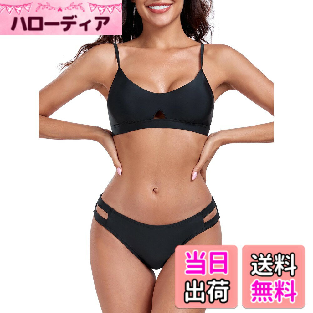 【送料無料】[RELLECIGA]水着 ビキニセット Uネック 谷間メイク ローウエスト カットアウト 体型カバー 温泉 ビーチ 色：ブラック、サイズ：L