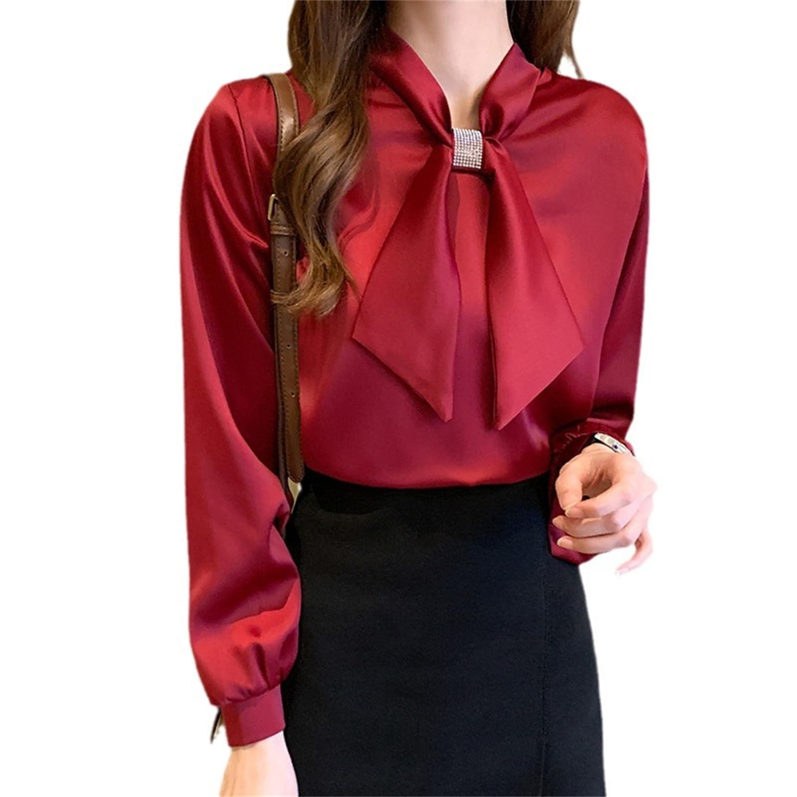 【送料無料】[SYitong] シャツ ブラウス レディース シフォン リボン トップス ボウタイブラウス 長袖 爽やか おしゃれ オフィス 大きいサイズ シフォンブラウス カジュアル 通勤 リボンブラウス 春 白 ゆったり きれいめ 着痩せ 体型カバー 色：レッド、サイズ：L