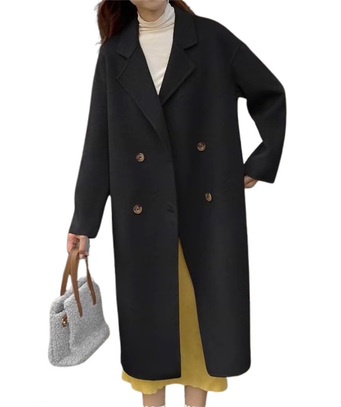 【送料無料】[Vasarhely] チェスターコート レディース 大きいサイズ ロング コート アウター 厚手 ロング丈 シンプル 暖かい 通勤 着痩せ 秋 冬 春 色：ブラック、サイズ：XL