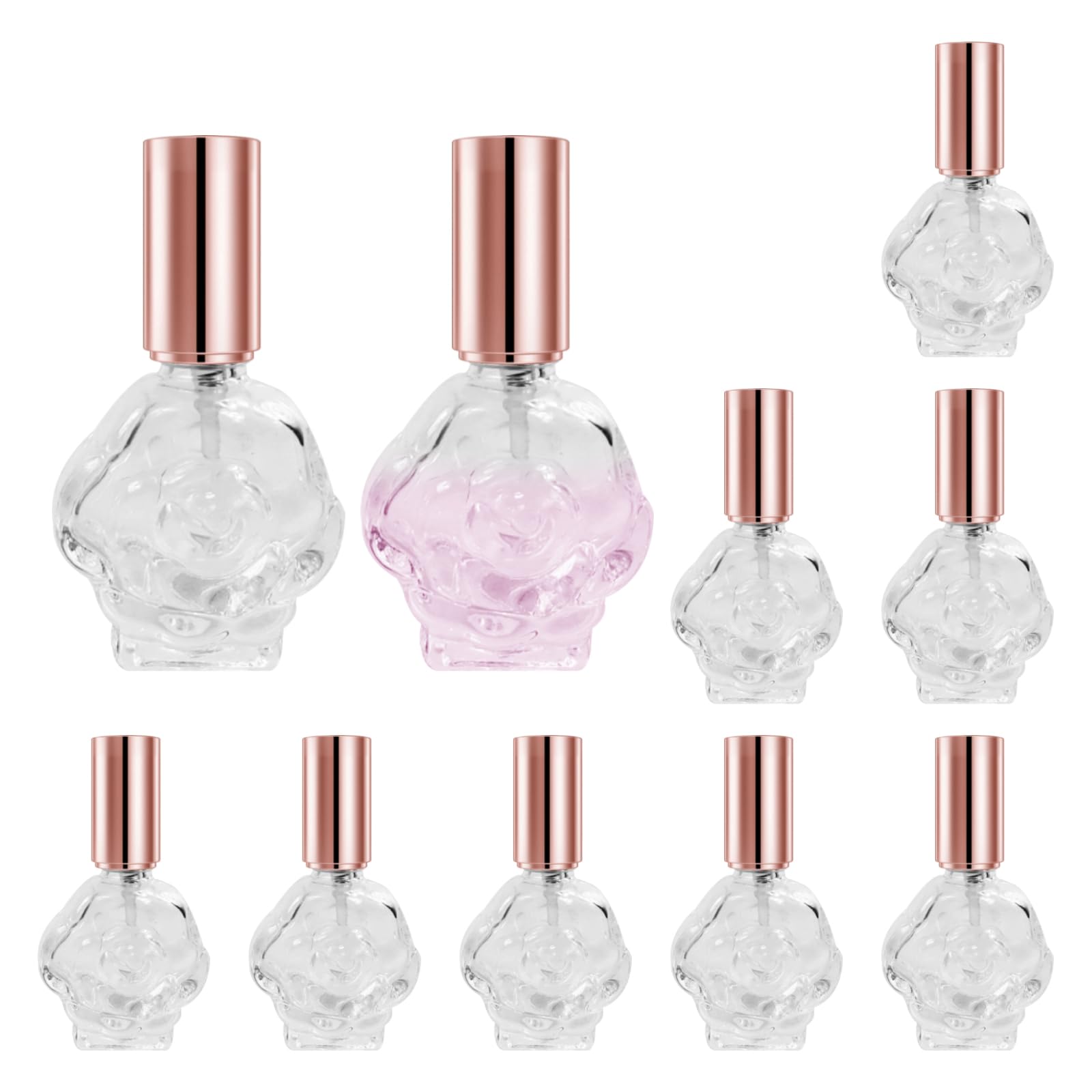 【送料無料】DIFEIUKI 香水瓶 香水アトマイザー 10個入 ポンプ式 ガラスボトル 透明 漏れない ローズゴールド蓋 香水 化粧水 虫よけ水 入れ アロマ対応 香水小分け 補充 出張 旅行 携帯用 詰替用瓶 10ml 色：バラ型 10本