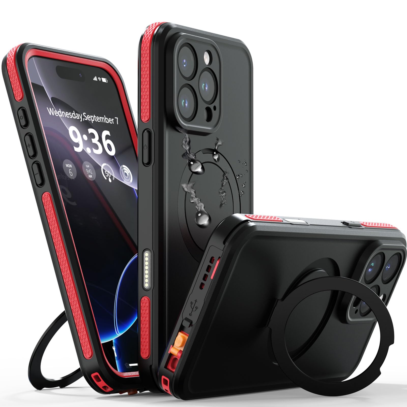 【送料無料】【防水・スタンド機能・MagSafe対応】UMITTOS iPhone 16 Pro Max 用 ケース 防水 衝撃吸収 水中撮影対応 顔認証対応 全面保護 完全防水 防雪 防塵 滑り止め 手持ちやすい 頑丈 耐衝撃 ストラップ付き 雨の日、お風呂など適用 色：レッド、サイズ：6.9インチ
