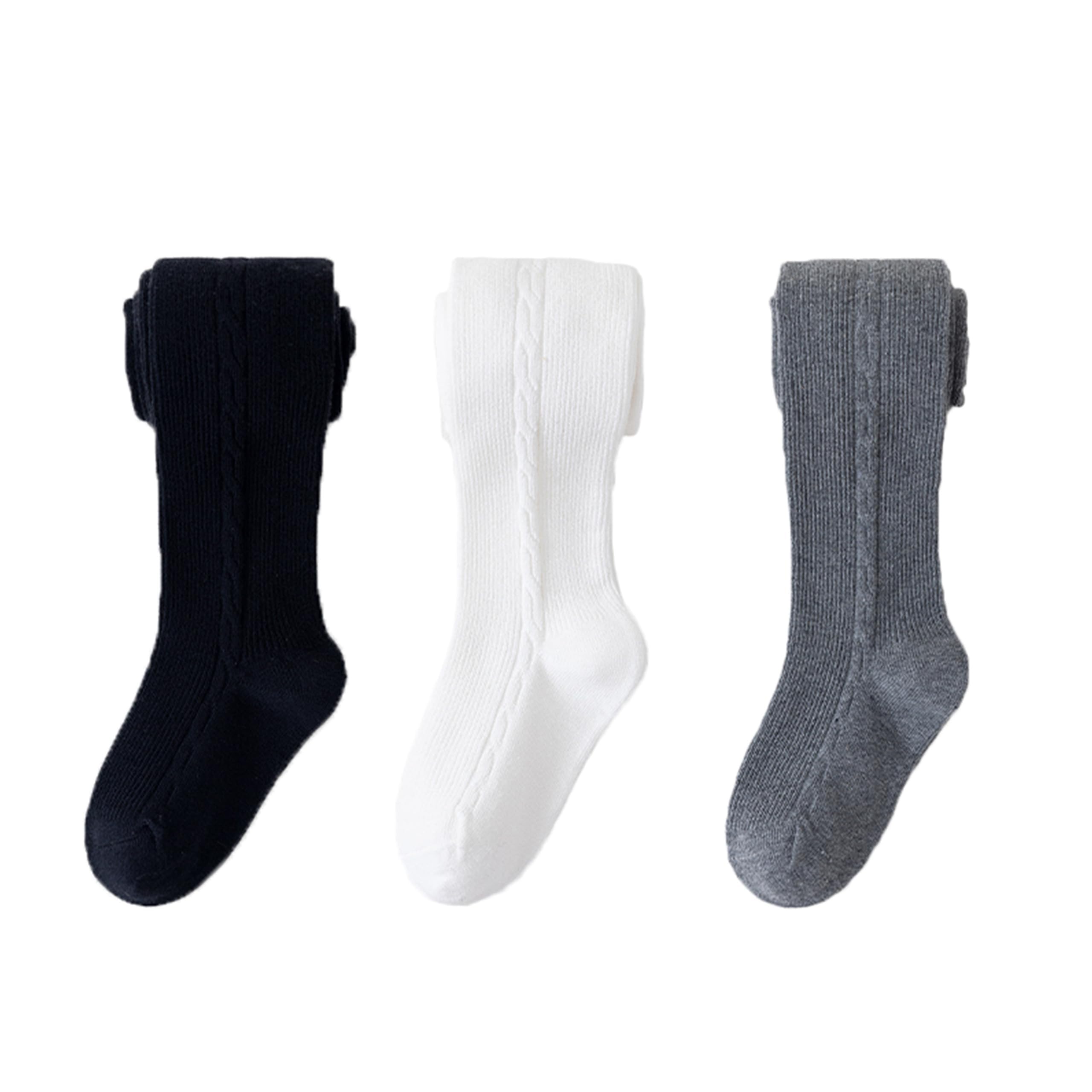 【送料無料】[LOLANTA] 女の子 ニットタイツ 子供 ガールズ キッズ ストッキング 厚手 足付き 3足セット 1-10歳 色：ブラックホワイトグレー、サイズ：6-8 Years