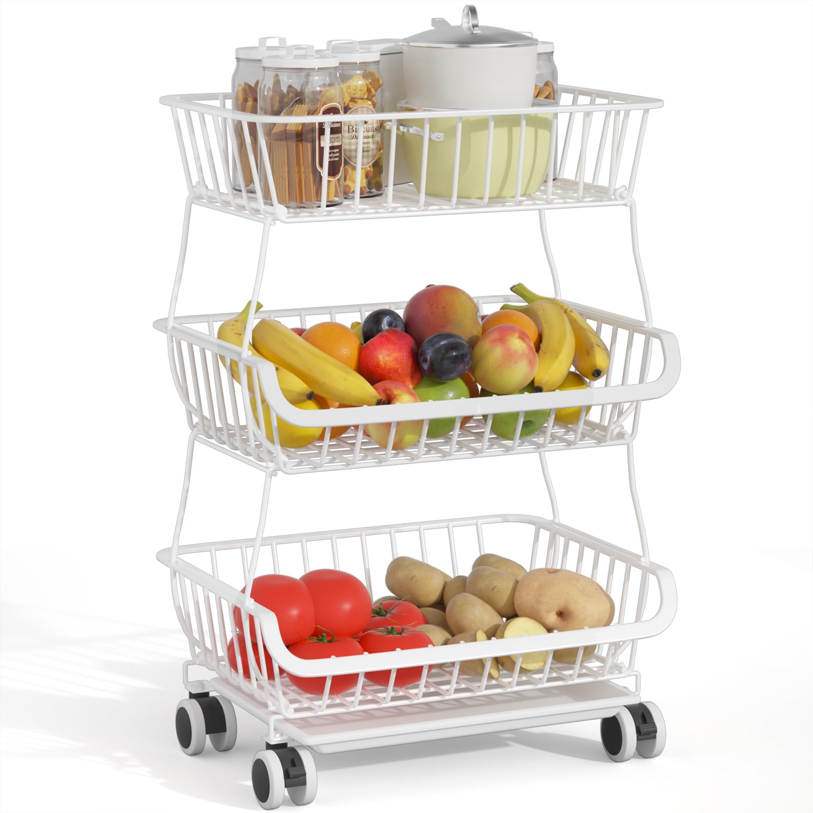 【送料無料】BQKOZFIN スタッキングバスケット キッチンワゴン 収納カート ワイヤーバスケット 果物と野菜の保管 多機能収納バスケット キャスターとパッド付き ブラック 色：ホワイト、サイズ：白3段