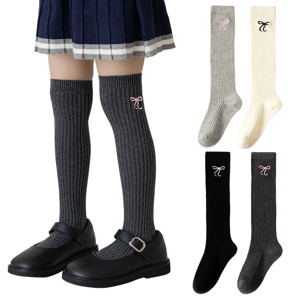 【送料無料】[ZGKULAEAOW] ニーハイソックス キッズ リブ ハイソックス 靴下 女の子 ニーハイ 膝上 ジュニア 子供 無地 ワンポイント刺繍 2足セット 色：リボン＆黒＋オフホワイト、サイズ：14.0-16.0 cm