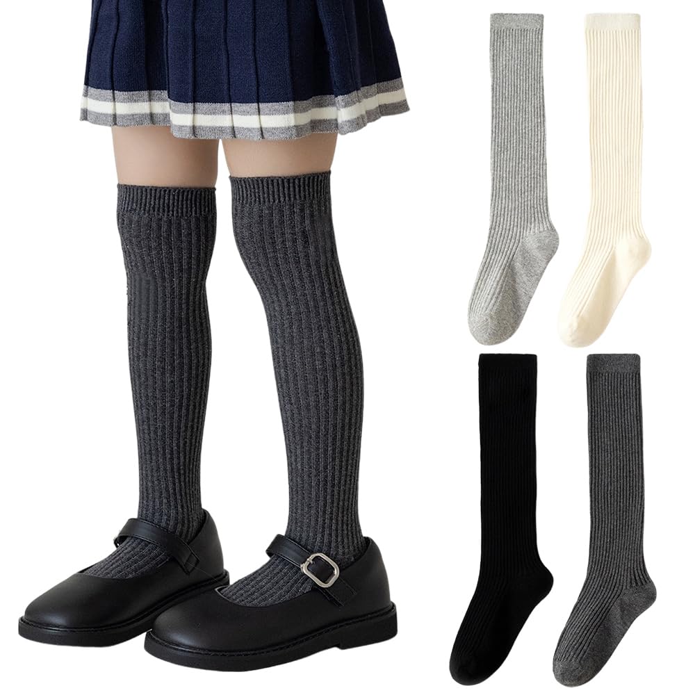 【送料無料】[ZGKULAEAOW] ニーハイソックス キッズ リブ ハイソックス 靴下 女の子 ニーハイ 膝上 ジュニア 子供 無地 ワンポイント刺繍 2足セット 色：無地＆黒＋灰色、サイズ：14.0-16.0 cm