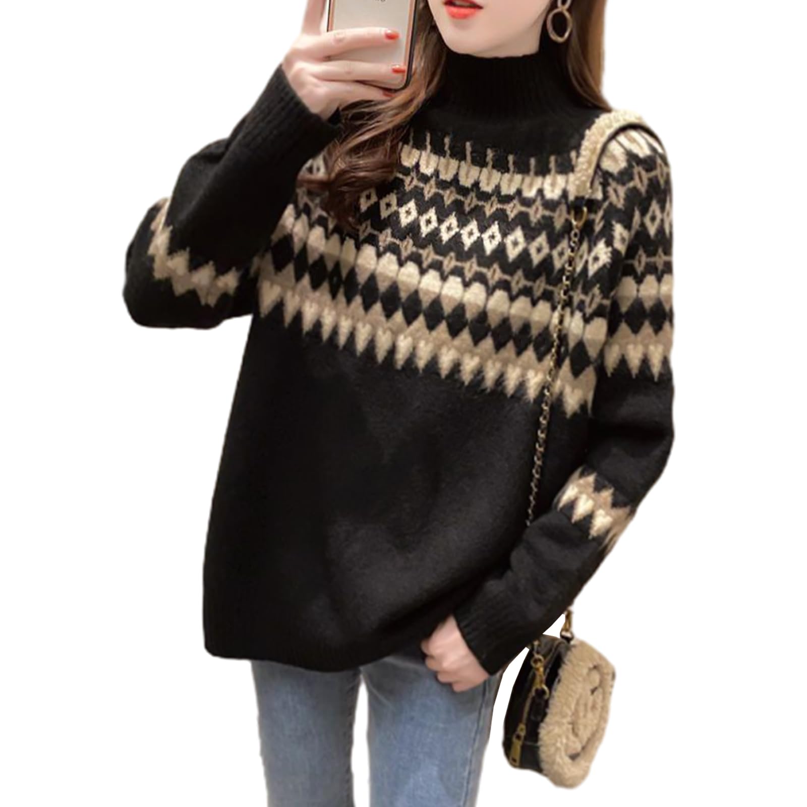 【送料無料】[CCGGOWMM] セーター レディース カットソー ニット 長袖 ハイネック アーガイル 柄 ゆっ..