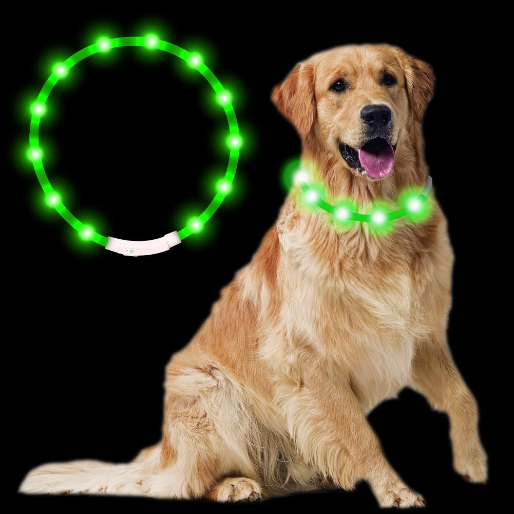 【送料無料】Sazuik 最新型 犬用光る首輪 散歩 ライト usb充電式 装着簡単 柔らかい 軽量 サイズ調整可能 ペット 犬 猫 LED光る首輪 安全対策 視認性 3つの発光モード 色：グリーン